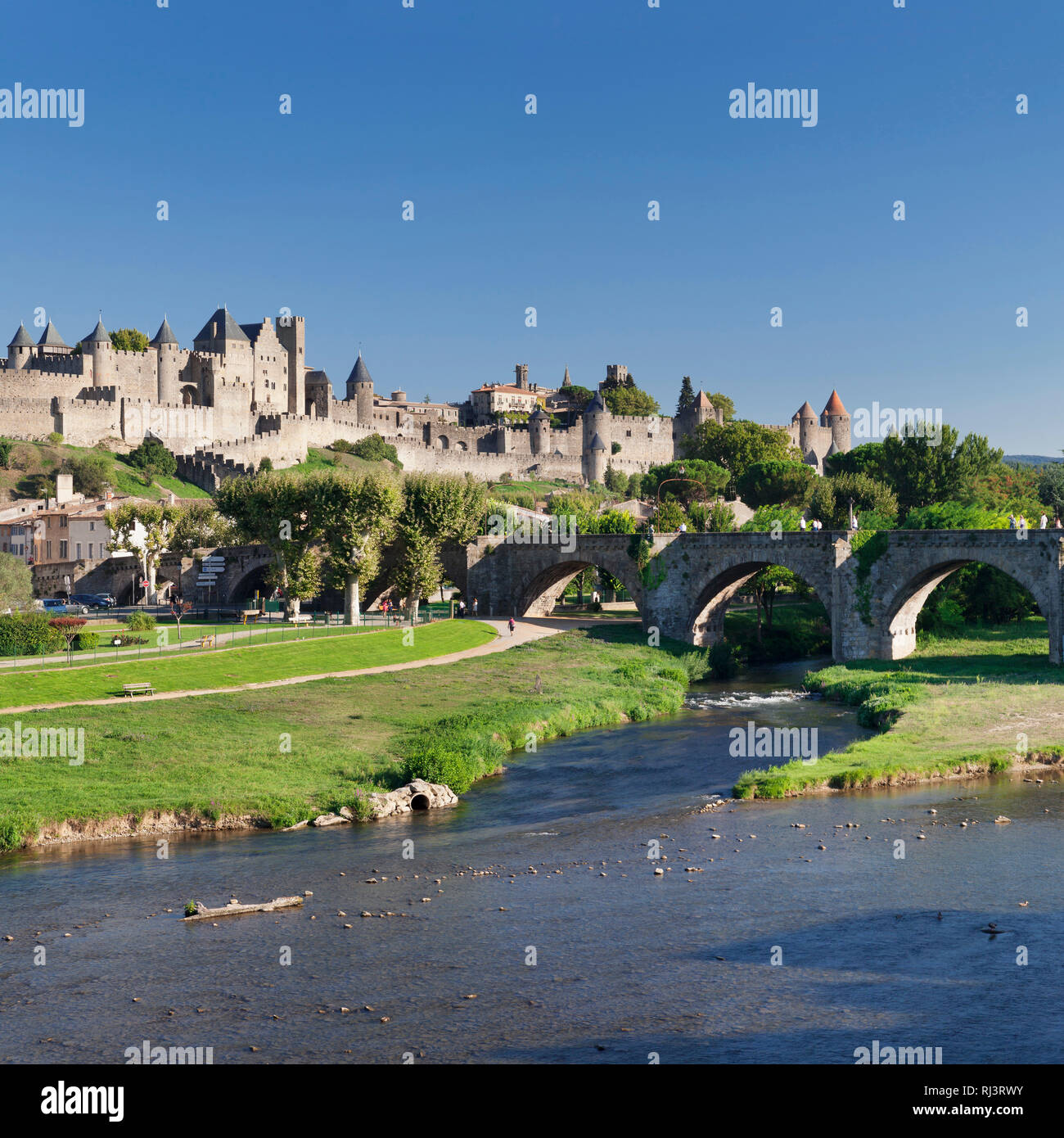 La Cite, mittelalterliche Festungsstadt, Carcassonne, UNESCO Weltkulturerbe, Languedoc-Roussillon, Südfrankreich, Frankreich Stockfoto