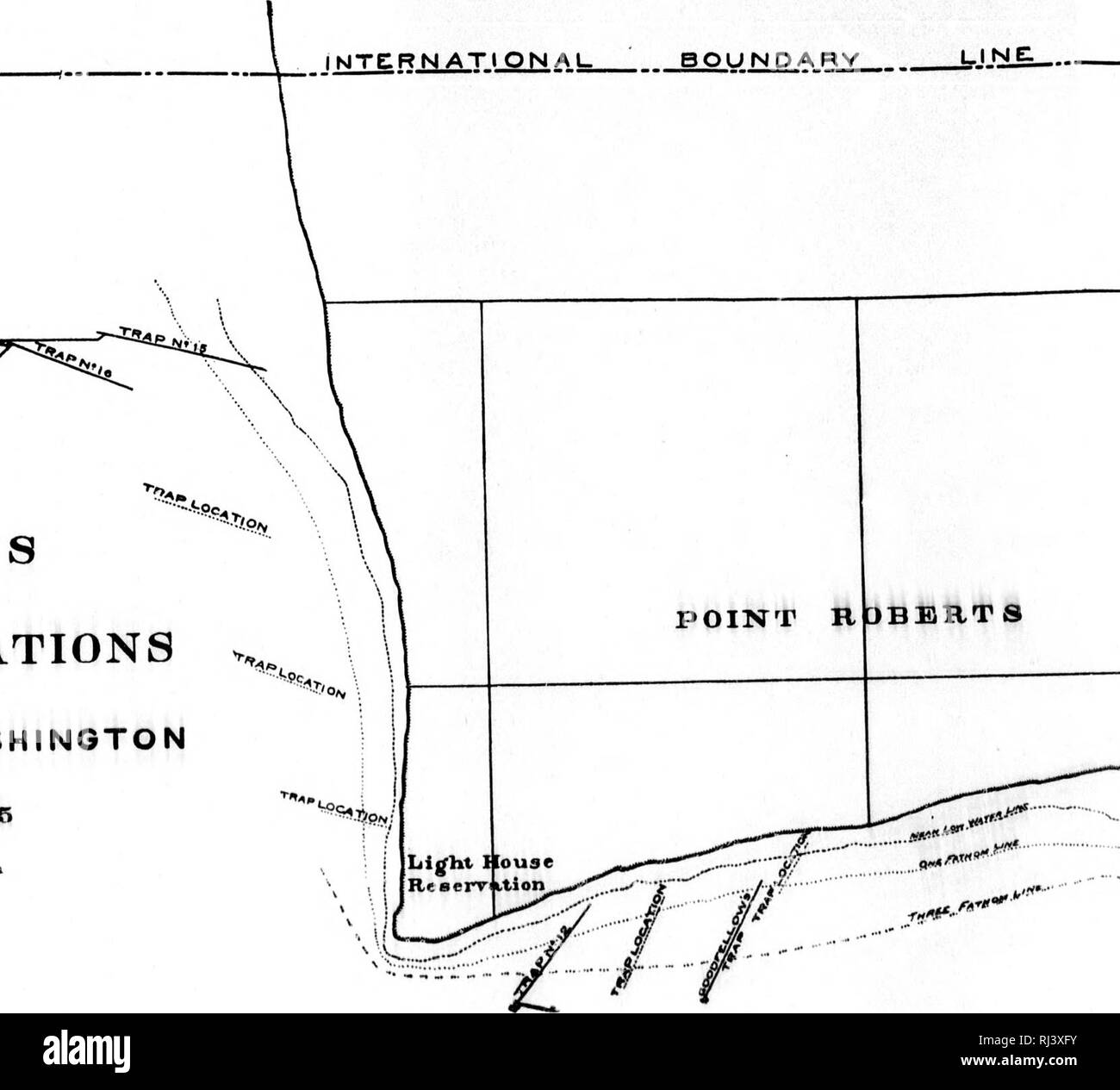 . Eine Überprüfung der Fischerei in den angrenzenden Gewässern des Staates Washington und British Columbia [microform]. Fischerei; Fischerei; Pêche commerciale; Pêche commerciale. Roporl U S. F. C 1899. (Faco Seite 302.) Linie. '' • S^^' oder, y^^ TRAP NETZE UND TRAP NET Standorte am Point Roberts. WASHINGTON Sommer 18 9 5 Skala 1600 Füße" ii l "cl. Die falle Netze in usr, dass seeson Aro durch vollständige imes dargestellt, während die gestrichelten Linien zeigen weitere Positionen, wo Traps hatte beon locatsd in früheren Jahren. Bitte beachten Sie, dass diese Bilder aus gescannten Seite Bilder, digitall wurden extrahiert werden Stockfoto