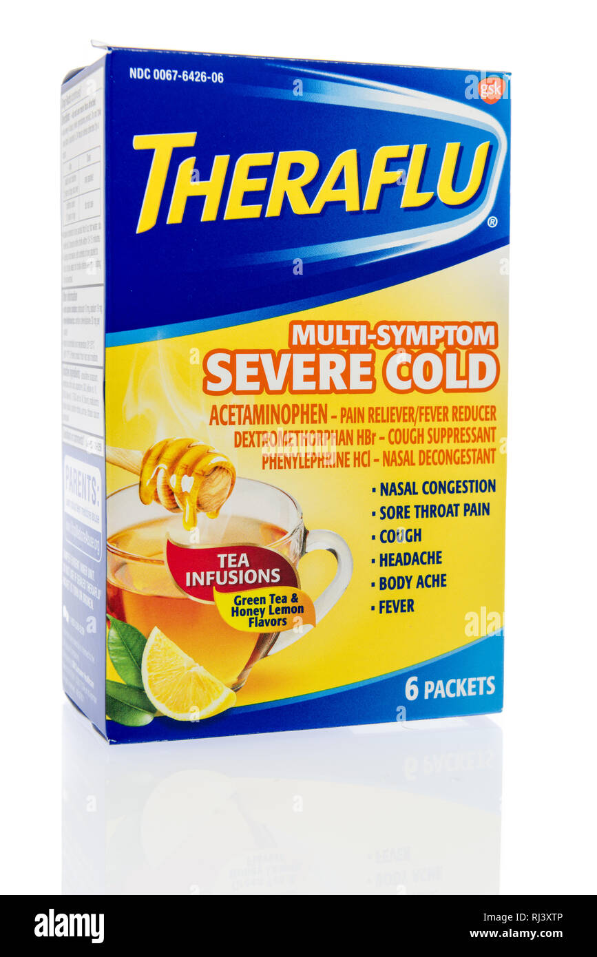 Winneconne, WI-2 Feb 2019: ein Paket von Theraflu multi - Symptom einer schweren Erkältung Medizin auf einem isolierten Hintergrund Stockfoto