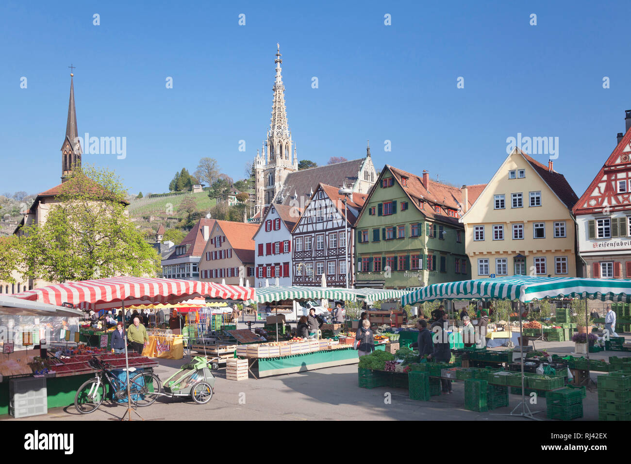 Markttag auf dem Marktplatz von Esslingen, Frauenkirche, Baden