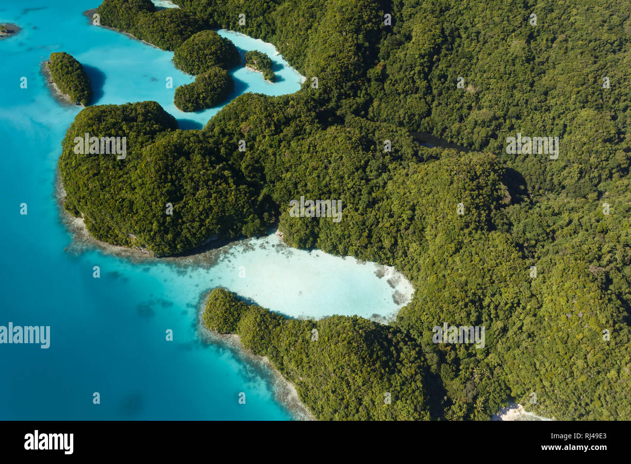 Luftaufnahme der Gruppe von winzigen südpazifischen Inseln mit üppiger Vegetation und Coral Reef Buchten abgedeckt Stockfoto