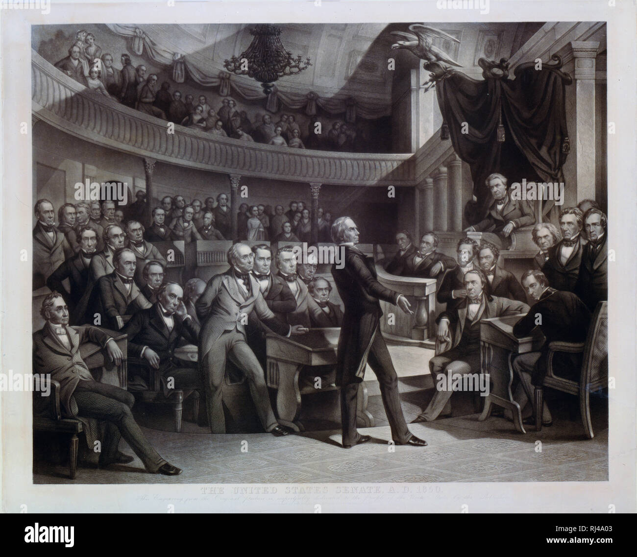Drucken zeigt Senator Henry Clay sprechen über den Kompromiss von 1850 Im alten Plenarsaal des Senats. Daniel Webster ist links von Ton und John C Calhoun links neben dem Lautsprecher sitzen. Stockfoto