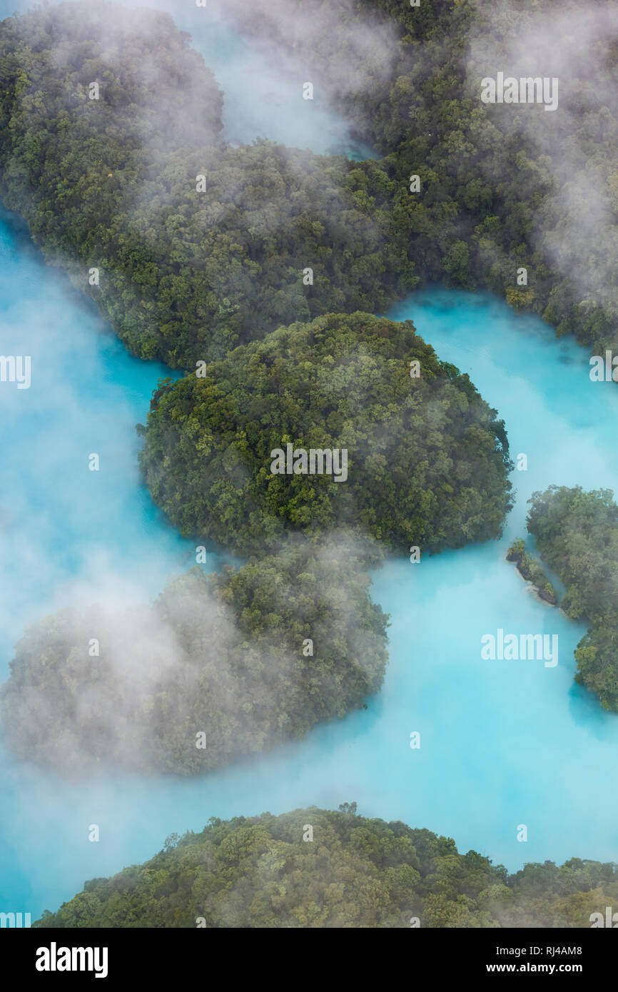 Luftaufnahme von einigen winzigen südpazifischen Inseln mit üppiger Vegetation in türkis Meer bedeckt Stockfoto
