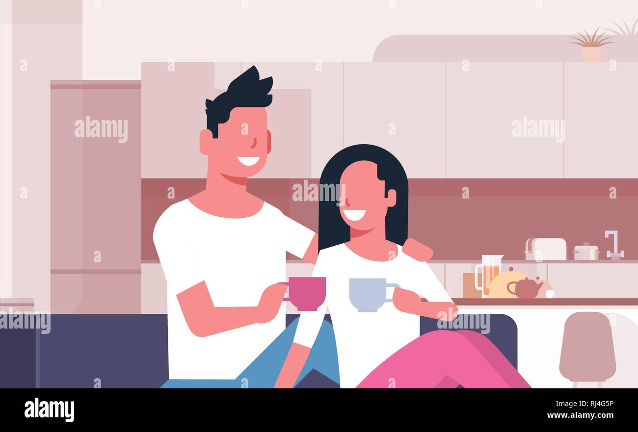Paar trinken Tee, Kaffee, Mann Frau sitzt auf der Couch glücklich Liebhaber Kommunikation moderne Küche Innenraum männlich weiblich Zeichentrickfiguren portrait Stock Vektor