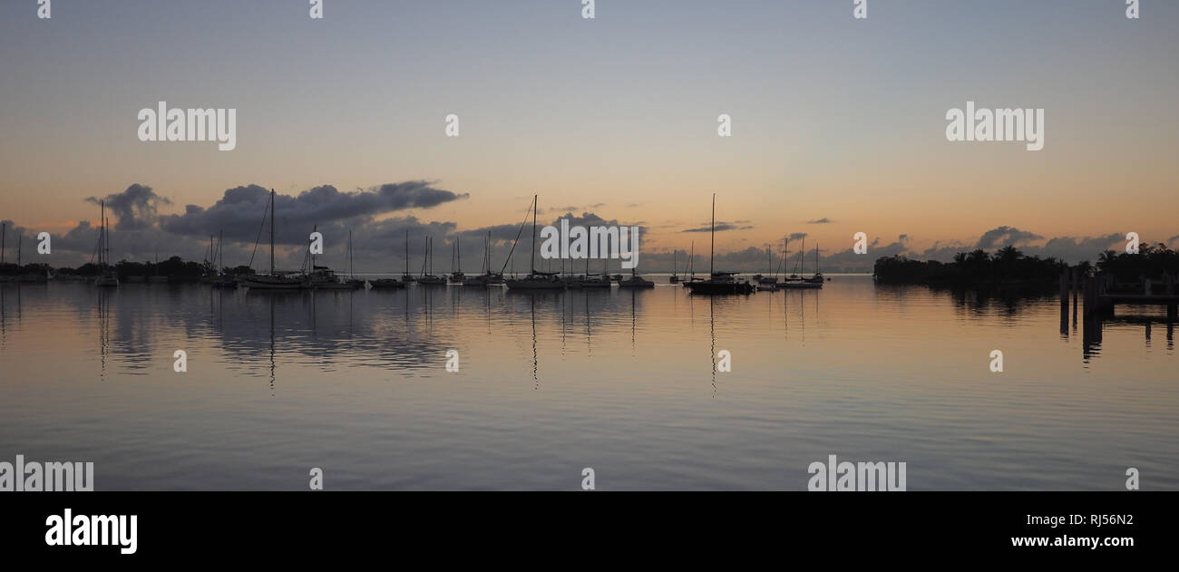 Sonnenaufgang über Abendessen Key Marina in Coconut Grove, Miami, Florida. Stockfoto