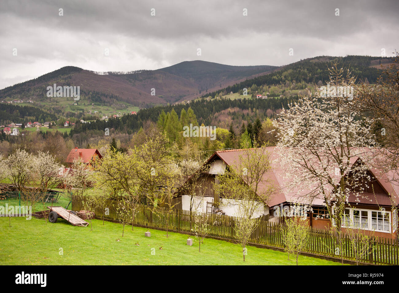 Babia Gora massiv Blick fern von Zawoja Dorf, Landschaft der Highlands in Polen, Europa, Hinterhof und Häuser im Tal in trüben düsteren Wetter, niemand Stockfoto