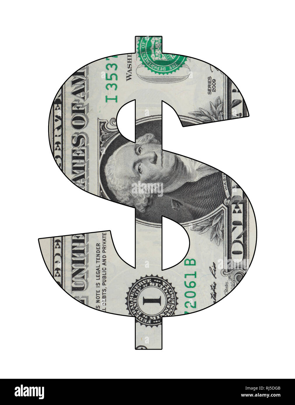 Ein US-Dollar Zeichen zeigt einen Abschnitt aus einem Dollarschein mit Freistellungspfad Stockfoto