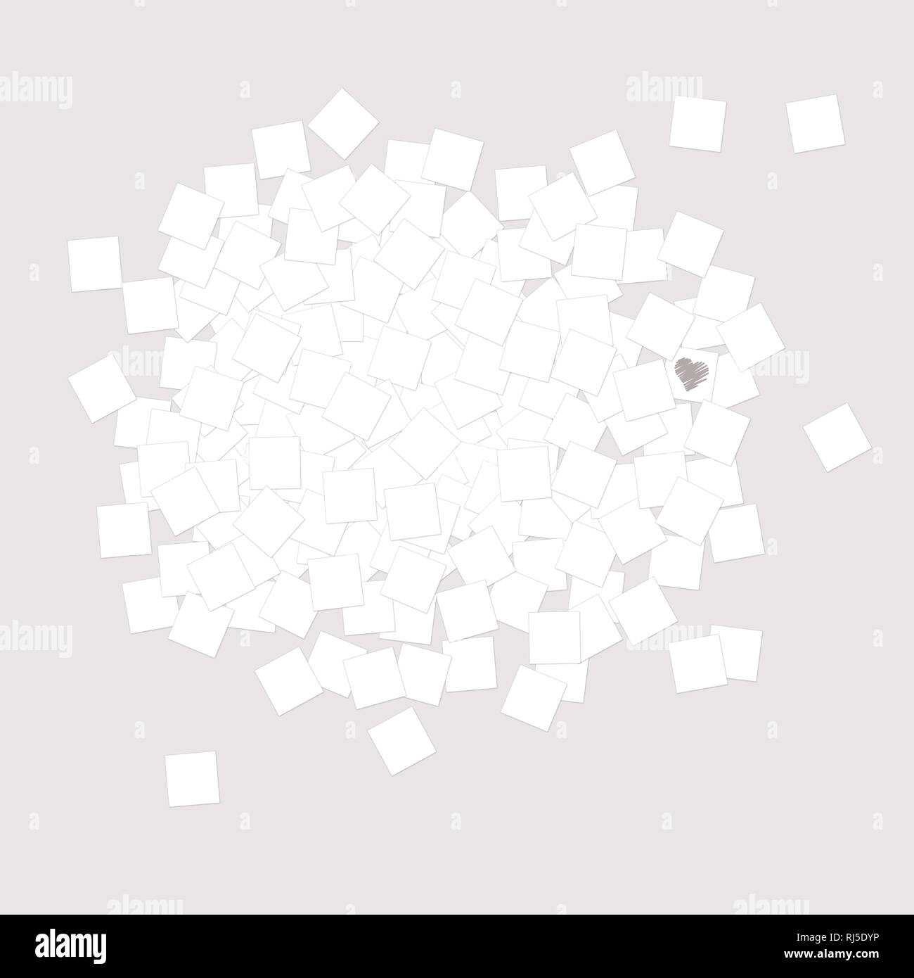 Viele quadratische Stücke von Papier in einem Stapel auf einem Stück Papier gemalten Herzen auf einem Hintergrund von rosa Farbe für den Urlaub Valentinstag Stockfoto