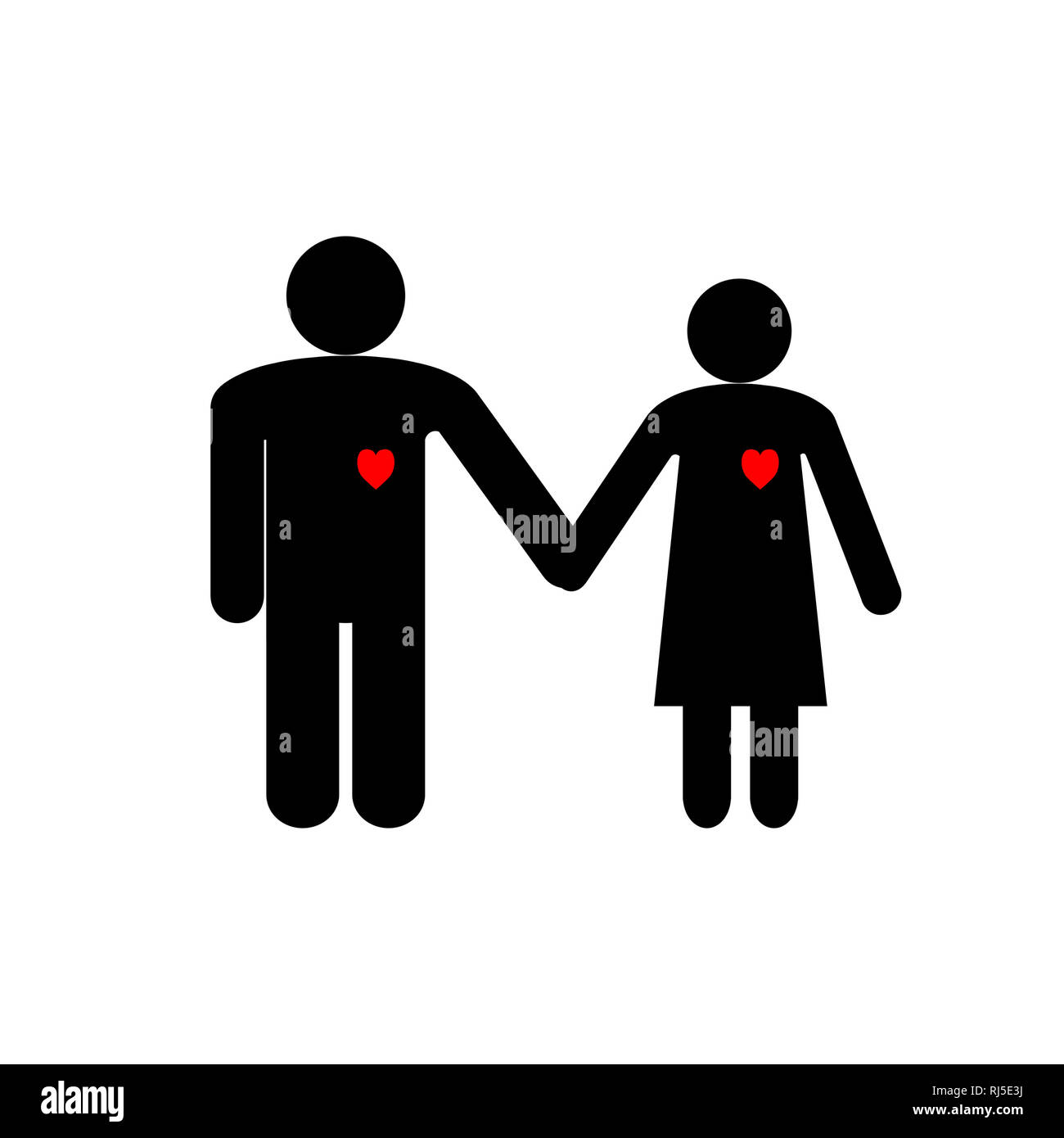 Abbildung: Für den Valentinstag die Zahlen sind schwarze Silhouetten Symbole von einem Mann und einer Frau, die Hände mit roten Herzen Stockfoto