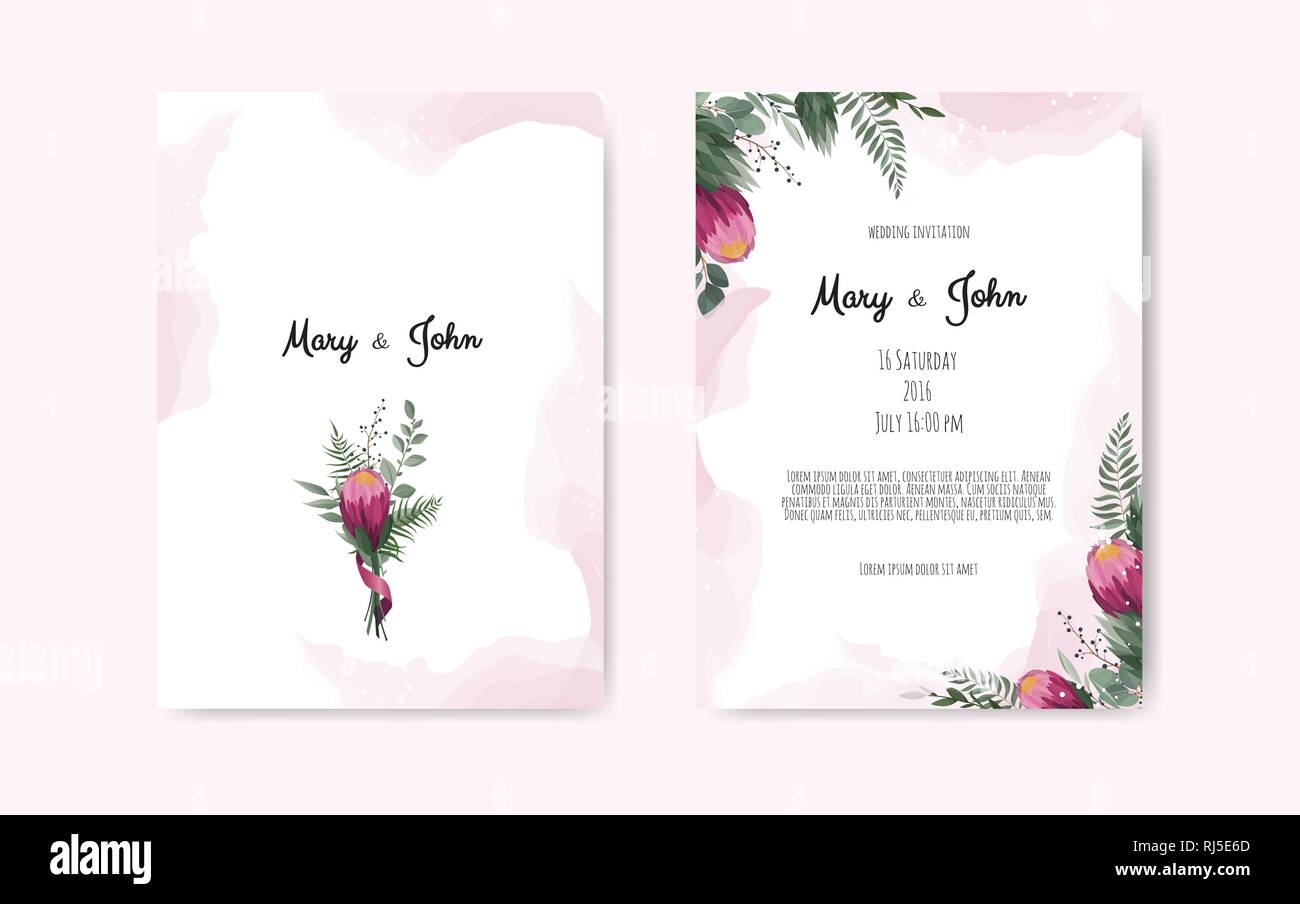 Vektor floral botanische Karte Design mit Blättern mit geometrischen Rahmen. Protea Flower Bouquet. Stock Vektor