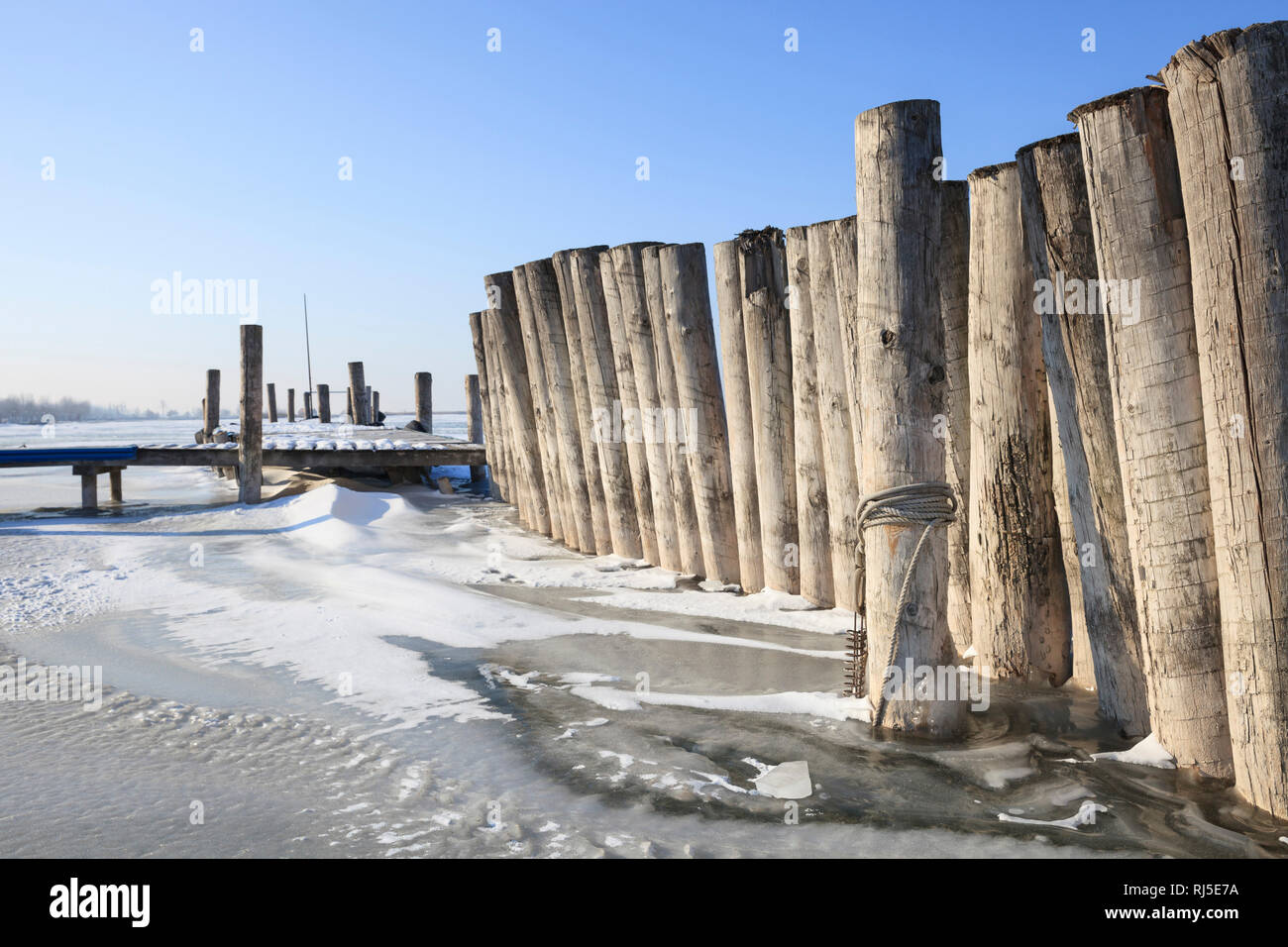 Vereiste Bootsanlegestelle am zugefrorenen Neusiedler See, bei Podersdorf am See, Burgenland, Österreich, Stockfoto