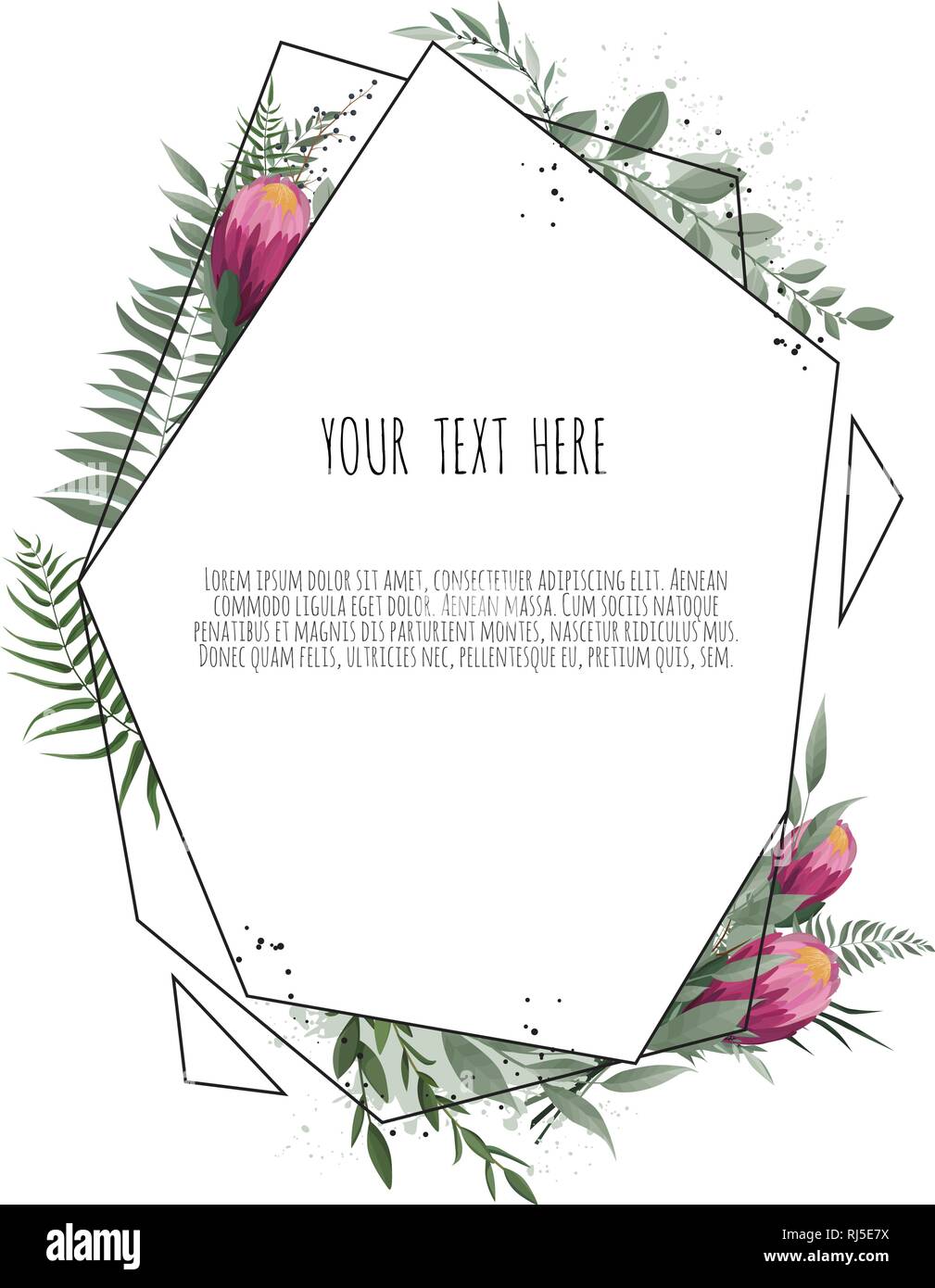 Vektor floral botanische Karte Design mit Blättern mit geometrischen Rahmen. Protea Flower Bouquet. Stock Vektor