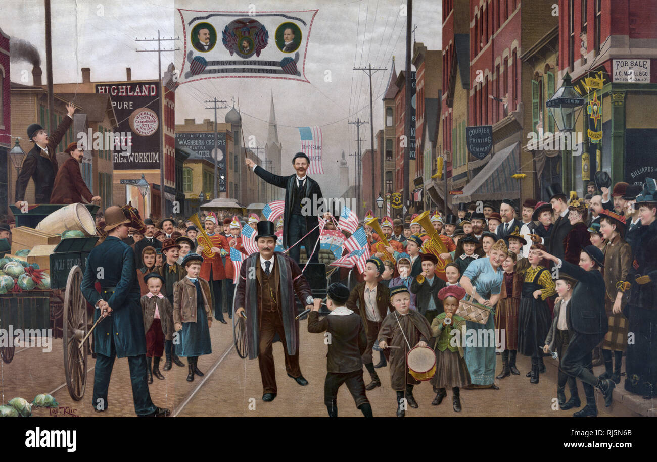Parade mit Banner angezeigt mit Kopf und Schultern Porträts von Grover Cleveland, Adlai E. Stevenson, und Reg. John Peter Altgeld Stockfoto