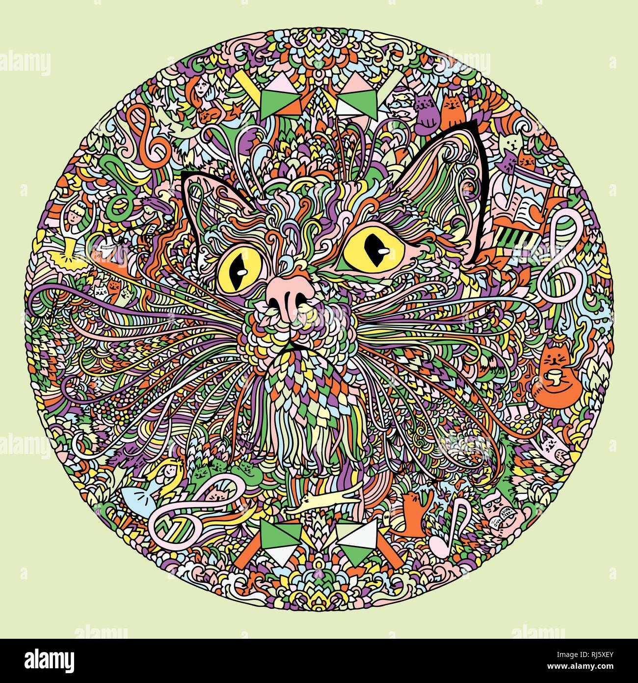 Runde bunte Mandala Muster mit Katzen. Stock Vektor