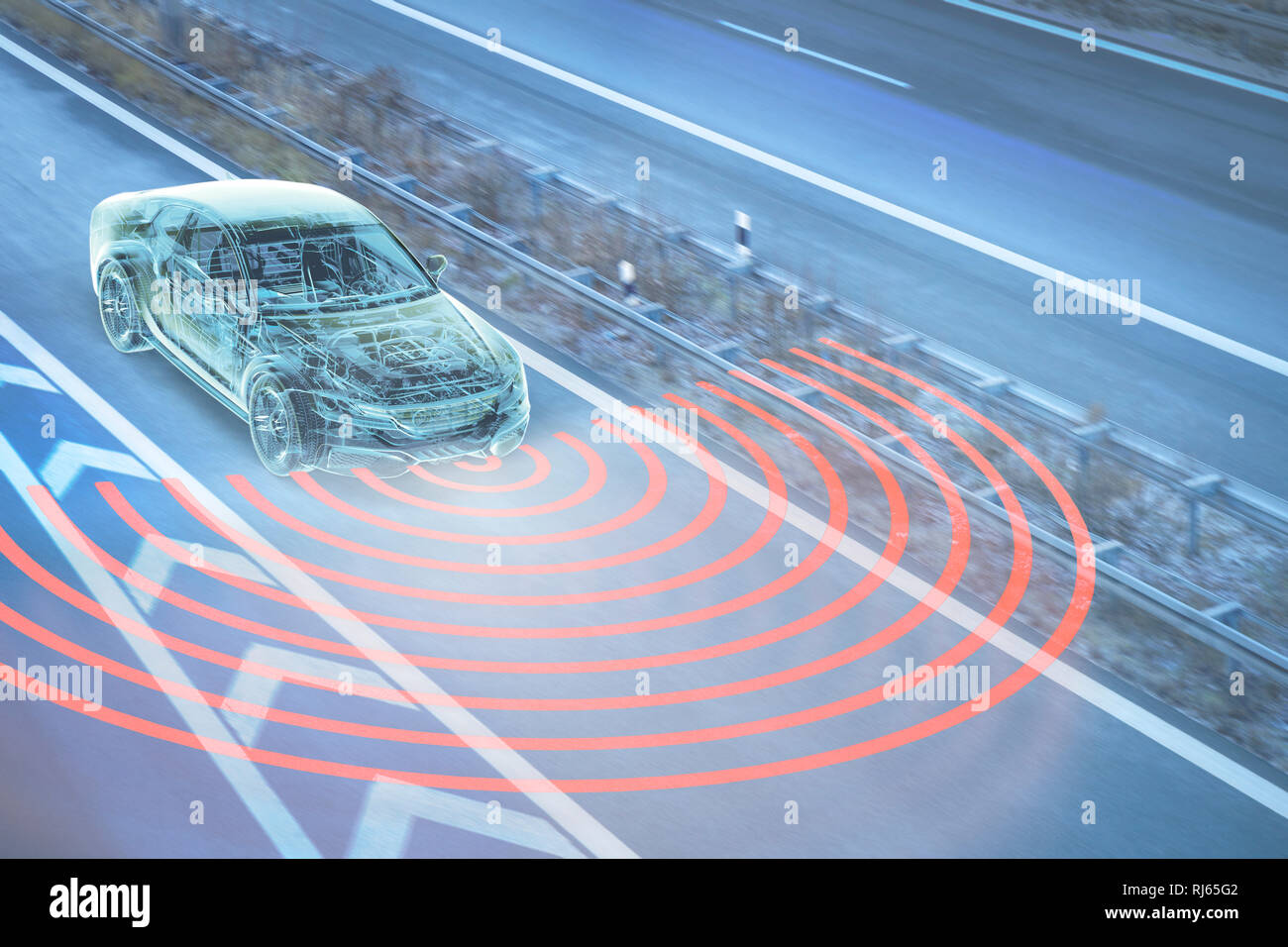 Straße, Auto, Polygon-Grid, Autonomes Fahren, CGI, 3D, [M], Komponieren, Markenfrei Stockfoto