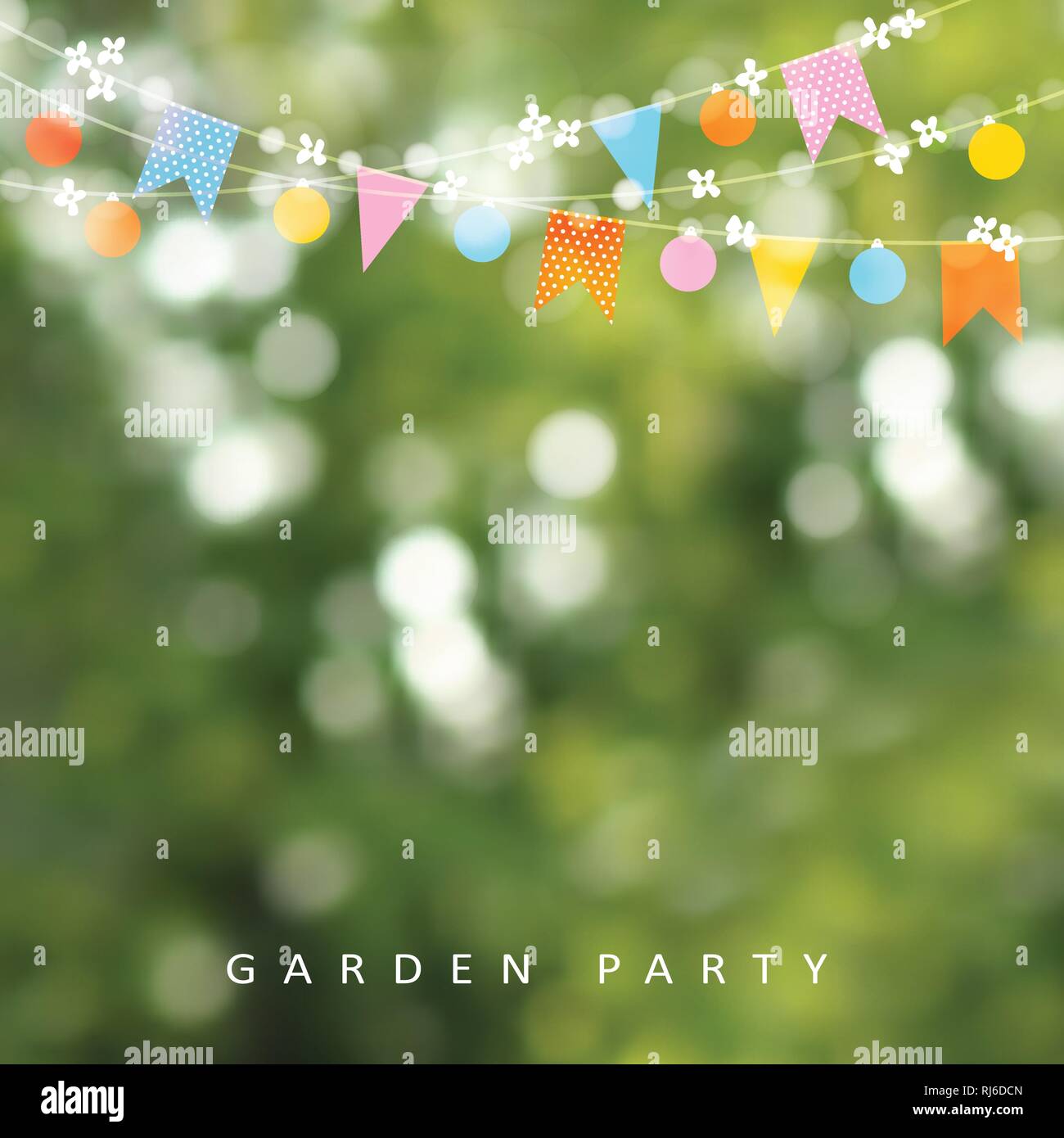 Im Fruhling Oder Im Sommer Zur Grusskarte Einladung Lichterkette Wimpelketten Flaggen Und Kirschbluten Moderne Verschwommenen Hintergrund Geburtstag Gartenparty Stock Vektorgrafik Alamy