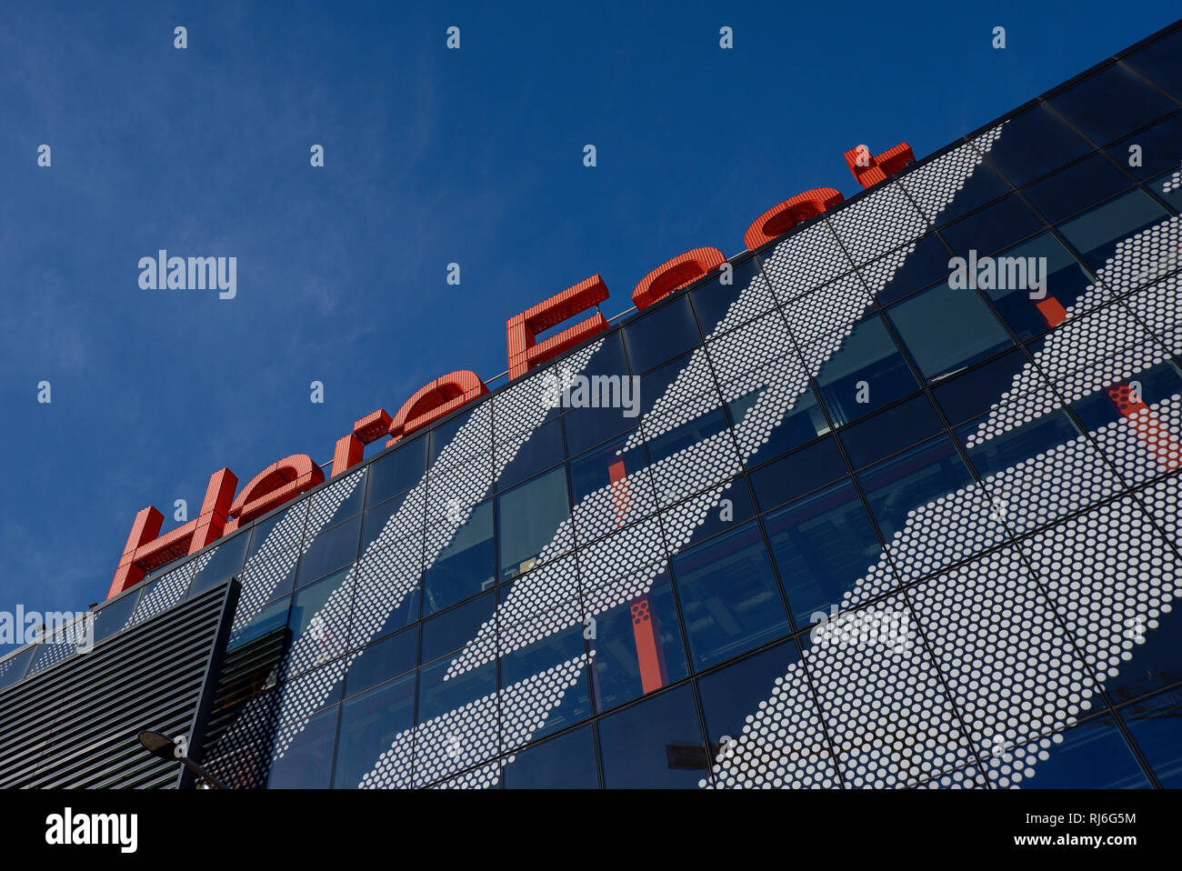 London, England - Februar 2019: Hier Osten Business Park, Queen Elizabeth Olympic Park, Stratford E 20. Stockfoto