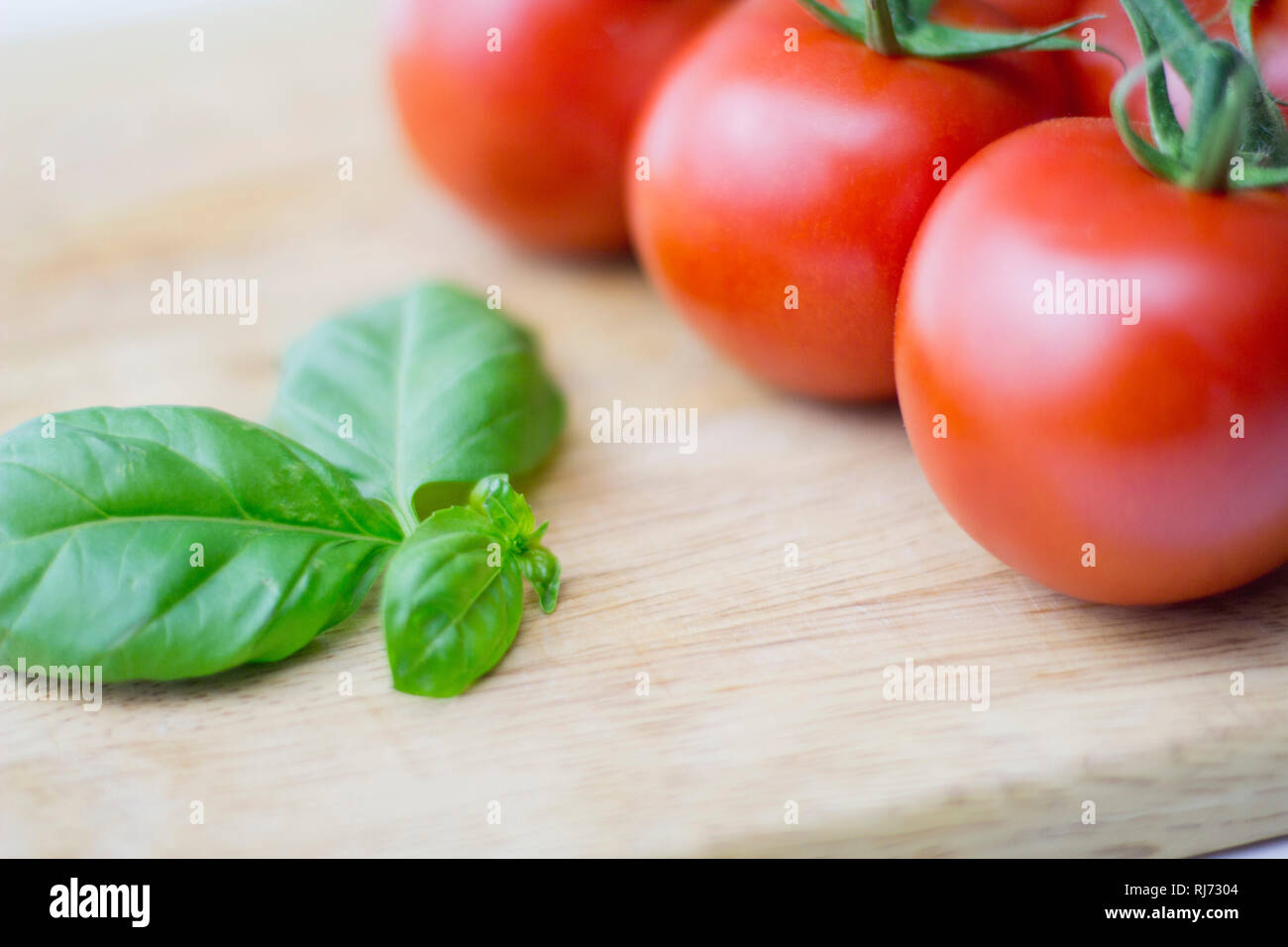 Tomate mit frischem Basilikum, Stockfoto