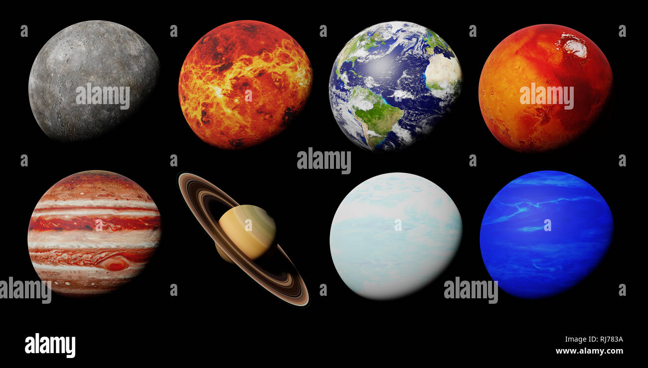 Die Planeten des Sonnensystems auf schwarzem Hintergrund (3D-Rendering, Elemente dieses Bild von der NASA eingerichtet sind isoliert) Stockfoto