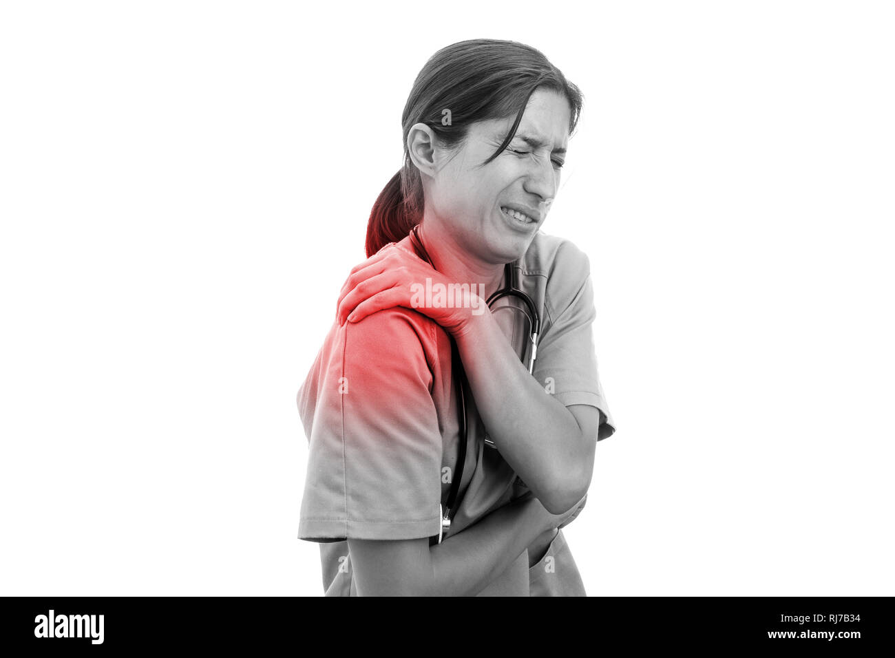 Schwarz-weiß Bild von Krankenschwester mit Schmerzen Schulter rot gefärbt als körperliche Anstrengung belasteten Begriff Stockfoto