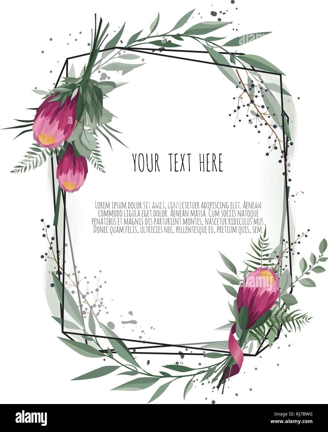 Vektor floral botanische Karte Design mit Blättern mit geometrischen Rahmen. Protea Flower Bouquet. Stock Vektor