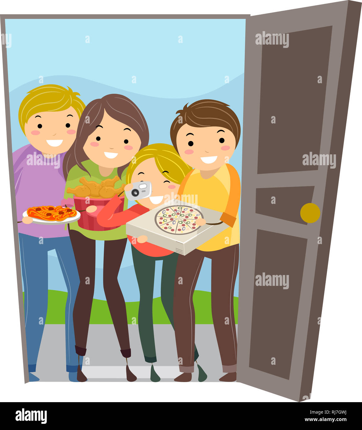 Abbildung: Stickman Teenage Mädchen und Jungs durch die offene Tür mit Pizza Stockfoto