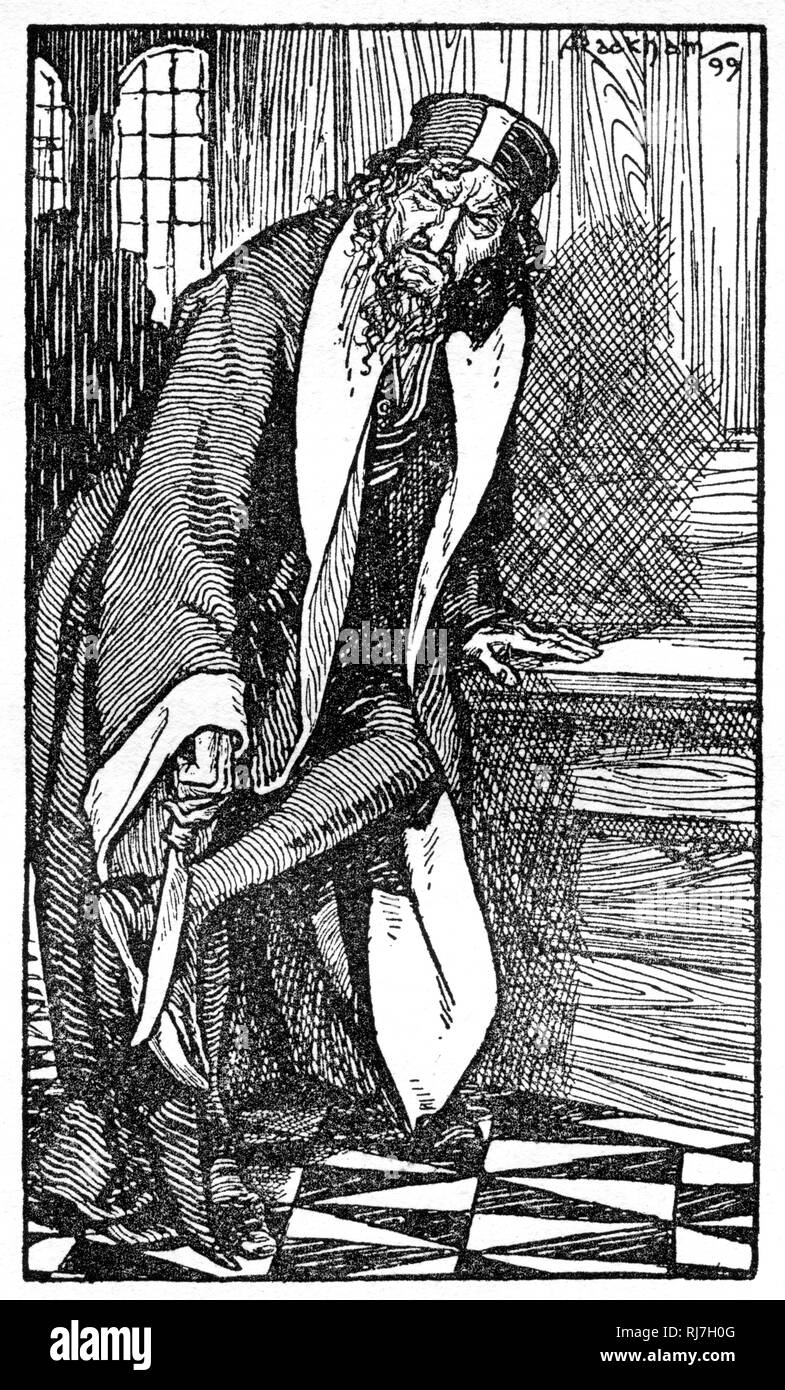 "Shylock hat ein langes Messer geschärft." Von Arthur Rackham (1867-1939). Shylock ist eine Figur in William Shakespeares Stück der Kaufmann von Venedig (C1600). Shylock ist ein jüdischer Geldverleiher aus Venedig und der Hauptantagonist des Stücks. Stockfoto