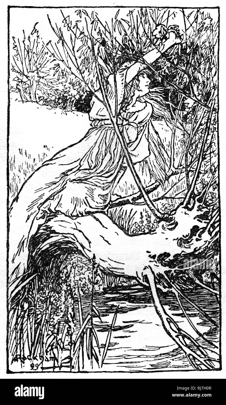 "In diesen Bach kam Ophelia eines Tages." Von Arthur Rackham (1867-1939). Ophelia ist eine Figur in William Shakespeares Drama Hamlet. Sie ist eine junge Adelsfrau aus Dänemark, die Tochter von Polonius, die Schwester von Laertes und die potenzielle Ehefrau von Prinz Hamlet. Stockfoto