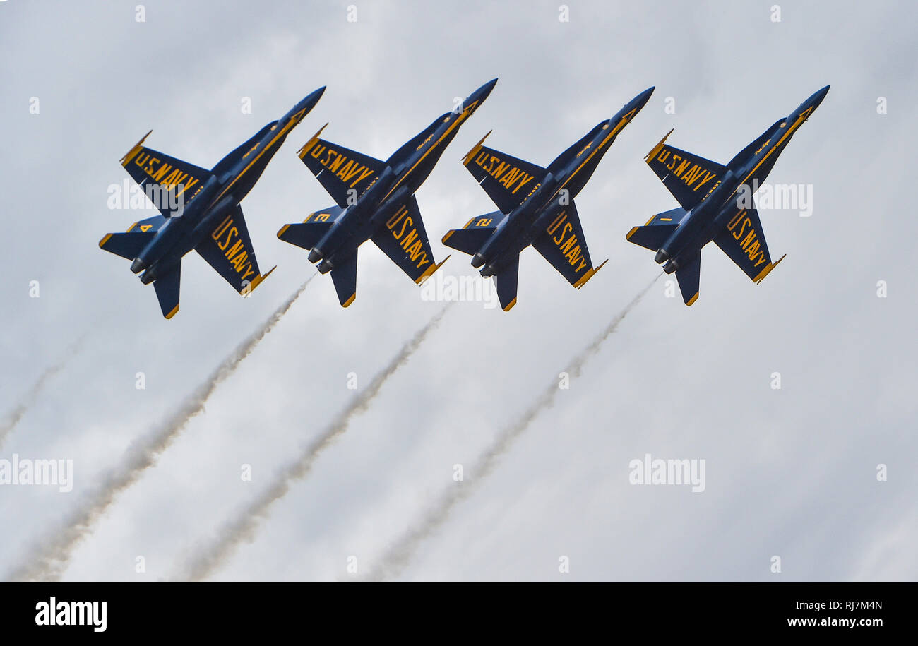190202-N-UK 306-1250 EL Centro, Kalifornien (Feb. 2, 2019) der US-Navy Flight Demonstration Squadron, die Blue Angels, Diamond Piloten die Linke Echelon Roll während einer Ausbildung Flug bei Naval Air Facility (NAF) El Centro. Der Blaue Engel sind die Durchführung von winter Training an NAF El Centro, Kalifornien, in der Vorbereitung für die Saison 2019 zeigen. Das Team wird voraussichtlich 61 Flugvorführungen an 32 Standorten im Land der Stolz und die Professionalität der US Navy und Marine Corps zur Schau zu stellen, der amerikanischen Öffentlichkeit zu führen. (U.S. Marine Foto von Mass Communication Specialist 2. Klasse Timothy Stockfoto