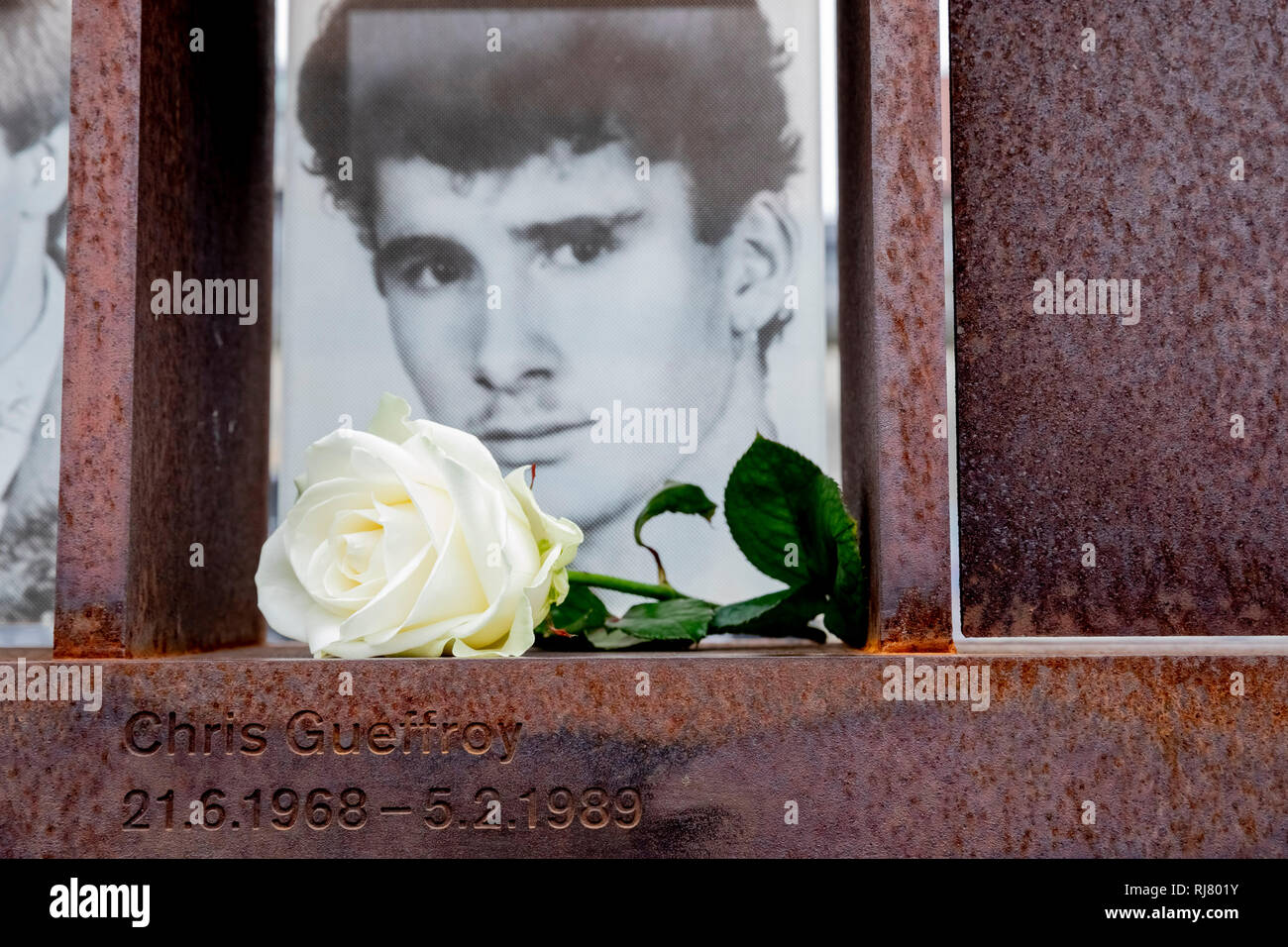 Berlin, Deutschland. 05 Feb, 2019. Chris Gueffroy's Bild mit der Weißen Rose können im Fenster der Gedenkstätte für die Opfer der Berliner Mauer auf dem ehemaligen Todesstreifen an der Bernauer Straße zu sehen. Chris Gueffroy, der vor 30 Jahren an der Berliner Mauer erschossen wurde bei dem Versuch zu entkommen, ist die letzte Person, die durch die Verwendung von Feuerwaffen zu sterben. Credit: Christoph Soeder/dpa/Alamy leben Nachrichten Stockfoto