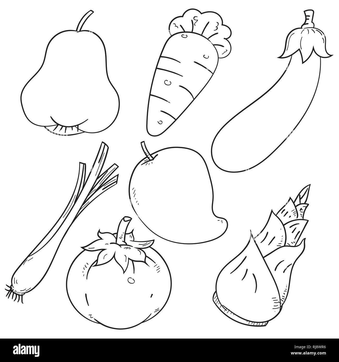 Satz von asiatischen Kräutern und Früchten, auf weißem Hintergrund für Malbuch, Bildung und Nahrung Konzepte isoliert. Einfache Hand gezeichnet Vector Illustration Stock Vektor
