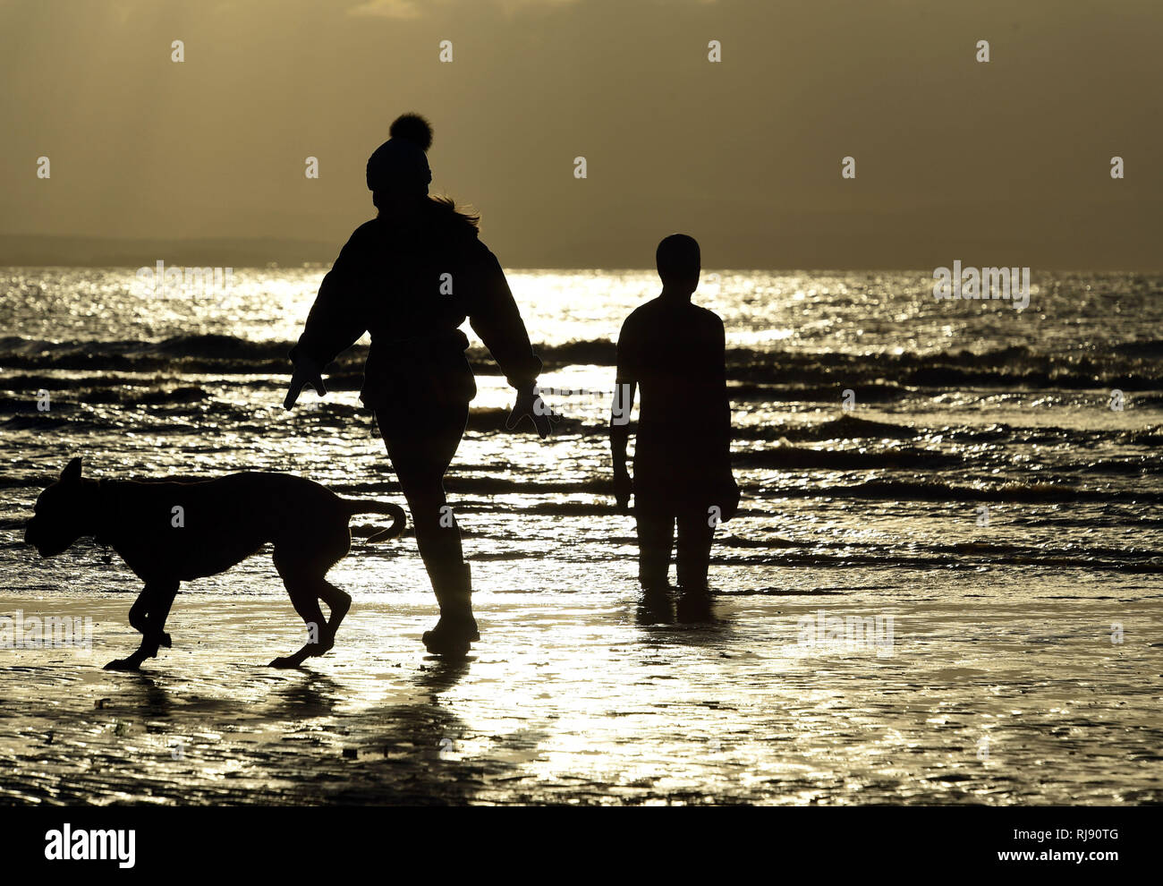 Ein Hund Walker genießen Sie die Wintersonne auf Antony Gormley" an einen anderen Ort "am Crosby Beach. 6. Januar 2018. Stockfoto