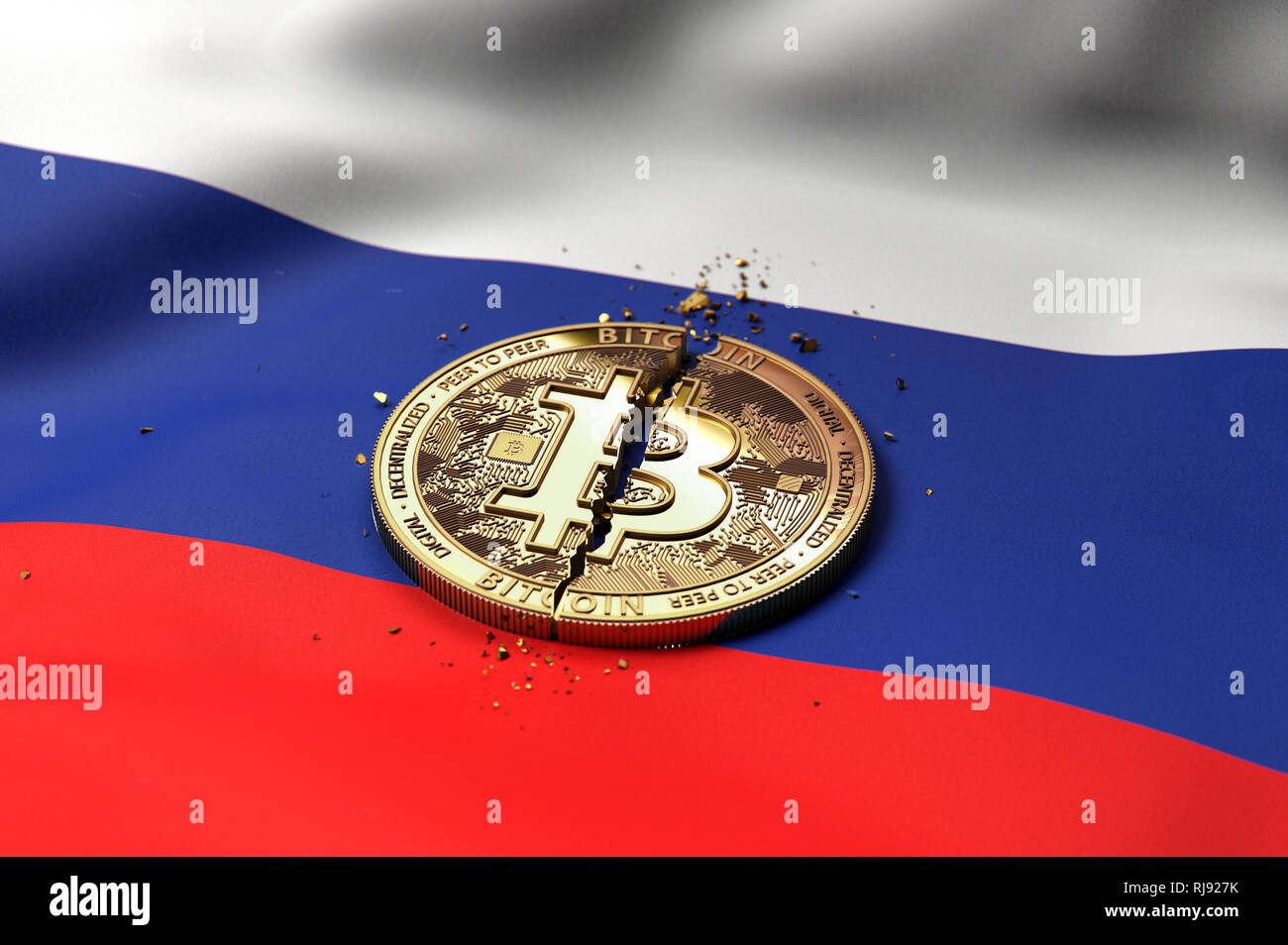 Risse Bitcoin Münze auf Russische Fahne. Schlechte Bitcoin Zustand in Russland Konzept. 3D-Rendering Stockfoto