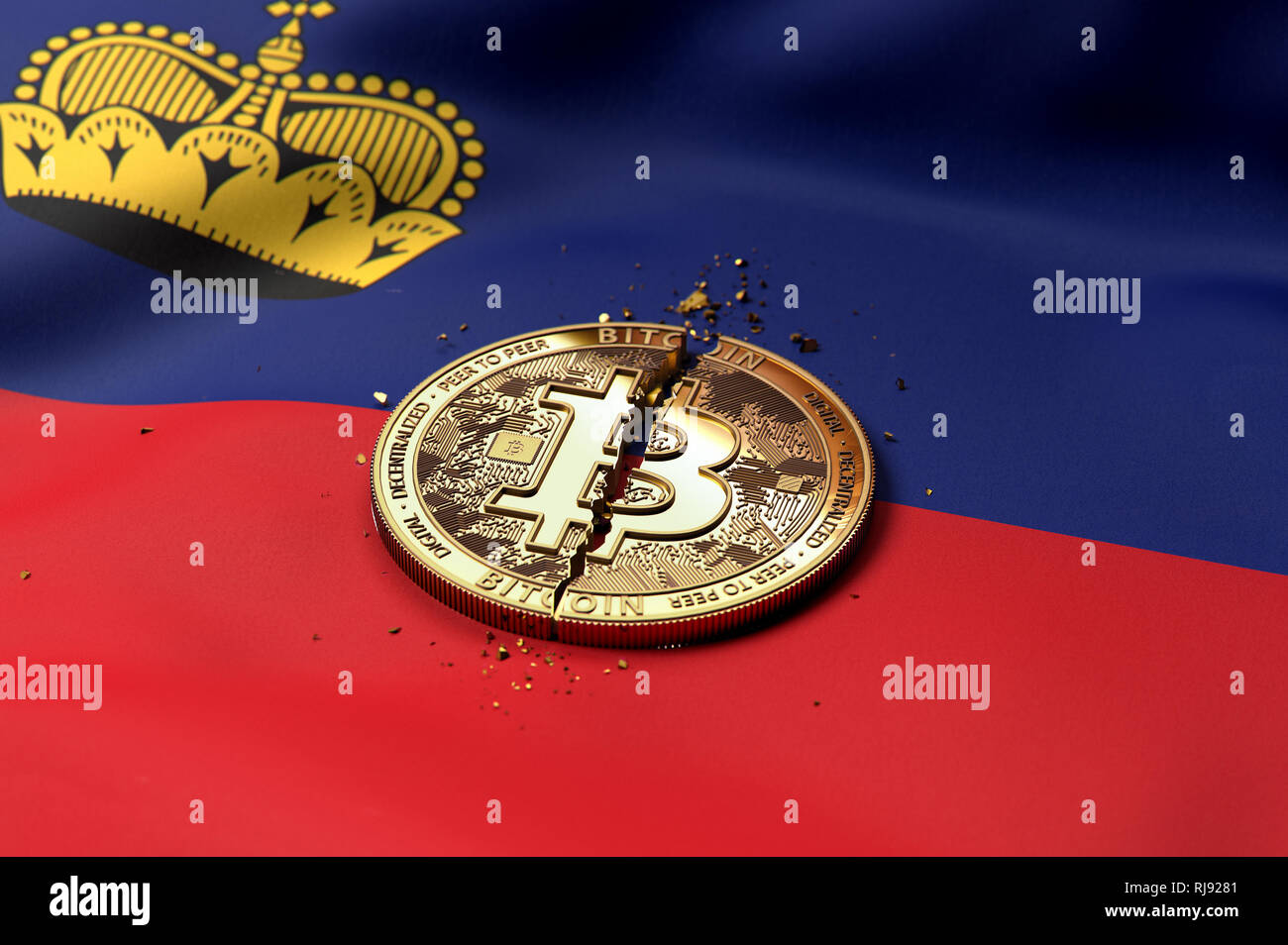 Risse Bitcoin Münze auf Lichtenstein Fahne. Schlechte Bitcoin Zustand in Lichtenstein Konzept. 3D-Rendering Stockfoto