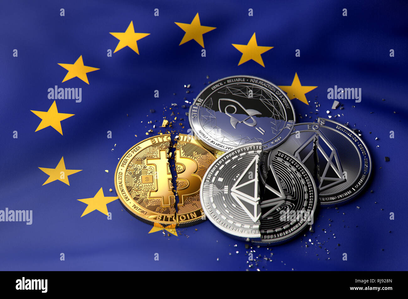 Stapel von gebrochene oder gerissene cryptocurrency Münzen auf die Vereinigten Staaten und Europa Fahne. Lage der Cryptocurrencies im vereinten Europa Konzept. 3D-Rendering Stockfoto