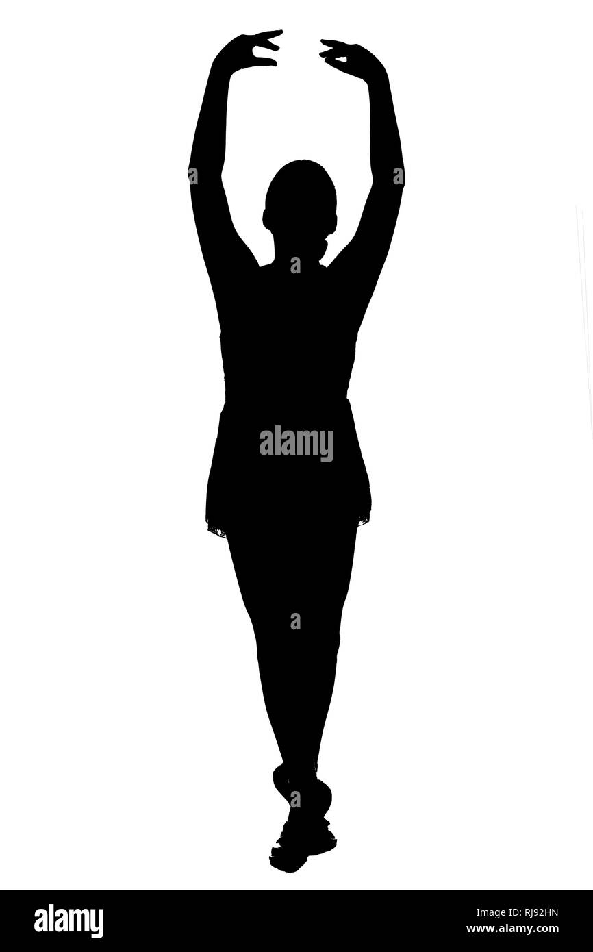 JPG schwarze Silhouette der Jugendliche weiblich auf weißem Hintergrund in verschiedenen klassischen und zeitgenössischen Ballett Posen - pre Pointe im Ballett Hausschuhe. Stockfoto