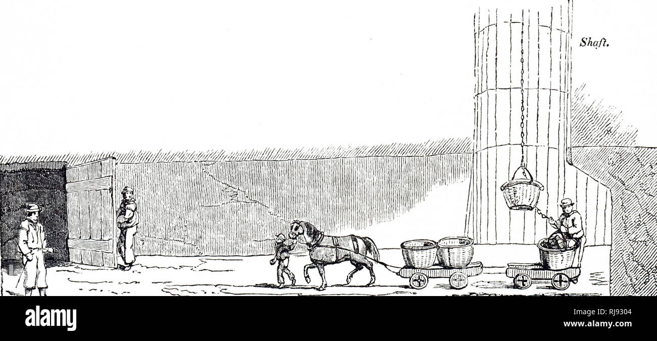 Ein kupferstich mit der Darstellung der unteren Rand einer Grube, die Welle, die die corves auf der Oberfläche, ein Pony klare corves Zurück zur Kohle Gesicht und, Links, eine Lüftung Tür besetzt durch zwei haben ntilators" in Durham. Vom 19. Jahrhundert Stockfoto