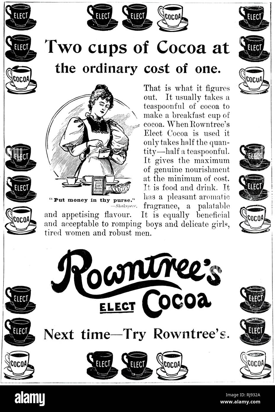 Eine Anzeige für Rowntree's heißen Kakao. Vom 20. Jahrhundert Stockfoto