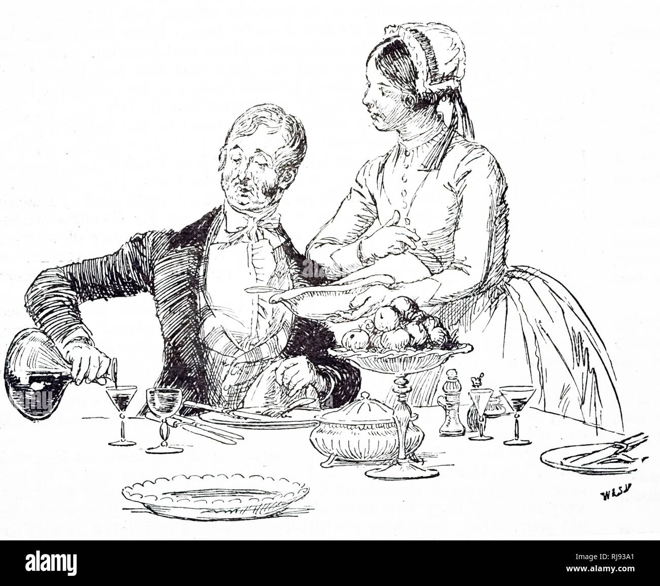 Ein Cartoon, Martha, die einfache Land Maid, Antippen des Reichen große seine Aufmerksamkeit auf die Teller Gemüse ziehen Sie ihm übergibt. Illustriert von Hugh Thomson (1860-1920) eine irische Illustrator. Vom 19. Jahrhundert Stockfoto