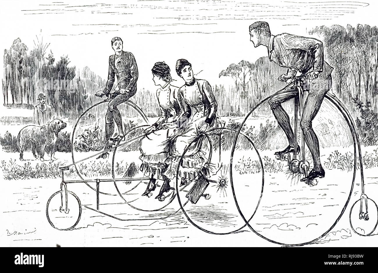 Eine Karikatur zeigt eine Gruppe von jungen Leuten, Dreiräder. Illustrierte George Du Maurier (1834-1896) eine französisch-britische Zeichner und Autor. Vom 19. Jahrhundert Stockfoto