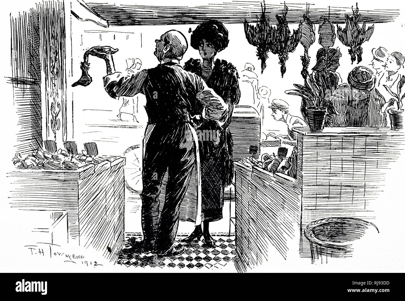 Ein Cartoon, der einen Dame kaufen Geflügel. Vom 20. Jahrhundert Stockfoto