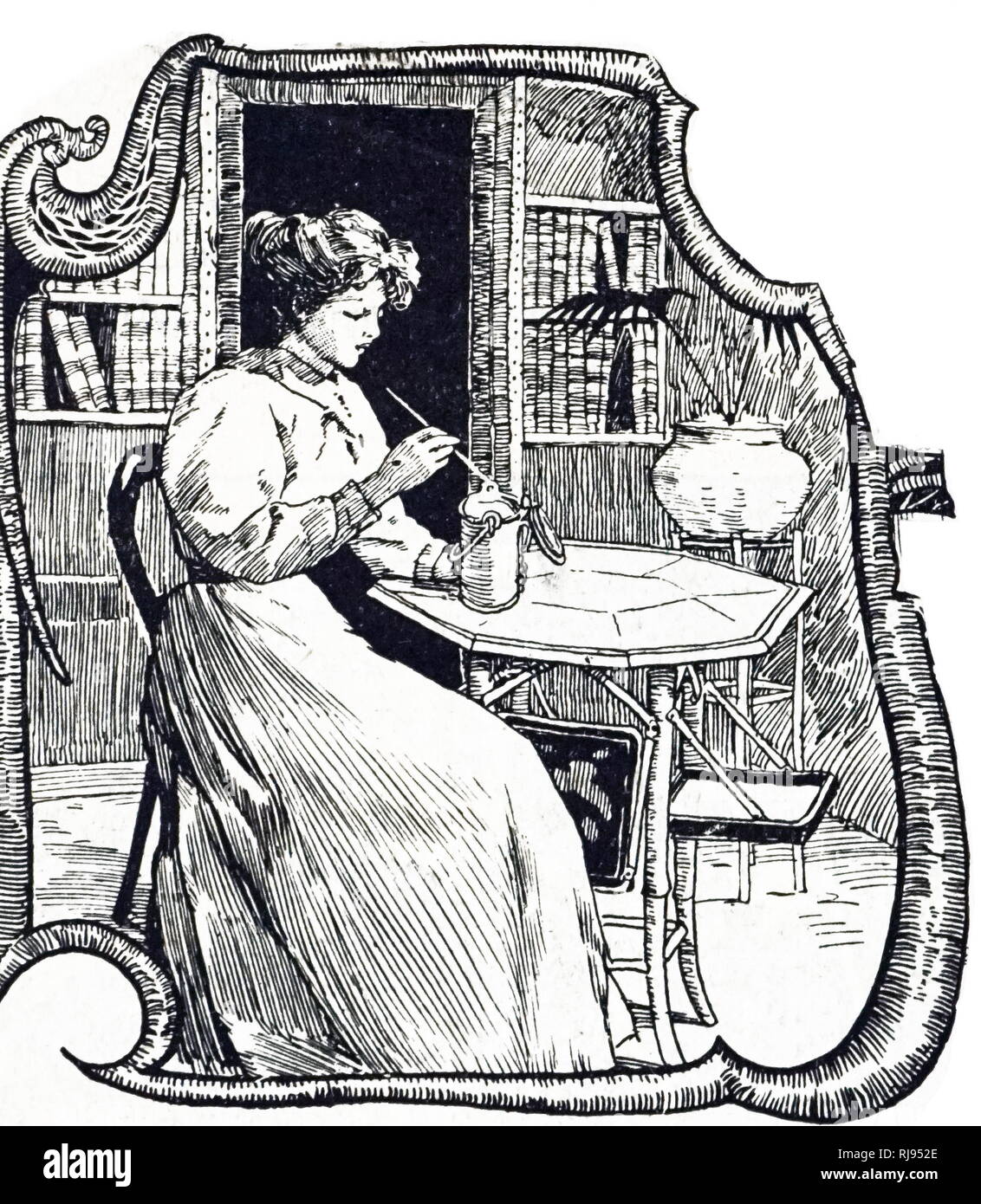 Eine Gravur der Darstellung einer Frau, die Milch für die Verfälschung mit Wasser. Eine hochglanzpolierte Stricknadel ist in einen Behälter mit Milch getaucht: Wenn zurückgezogen wird es eine schmierige Beschichtung von fettkügelchen haben. Wenn die Milch tränkte die Beschichtung wird dünner sein. Vom 19. Jahrhundert Stockfoto