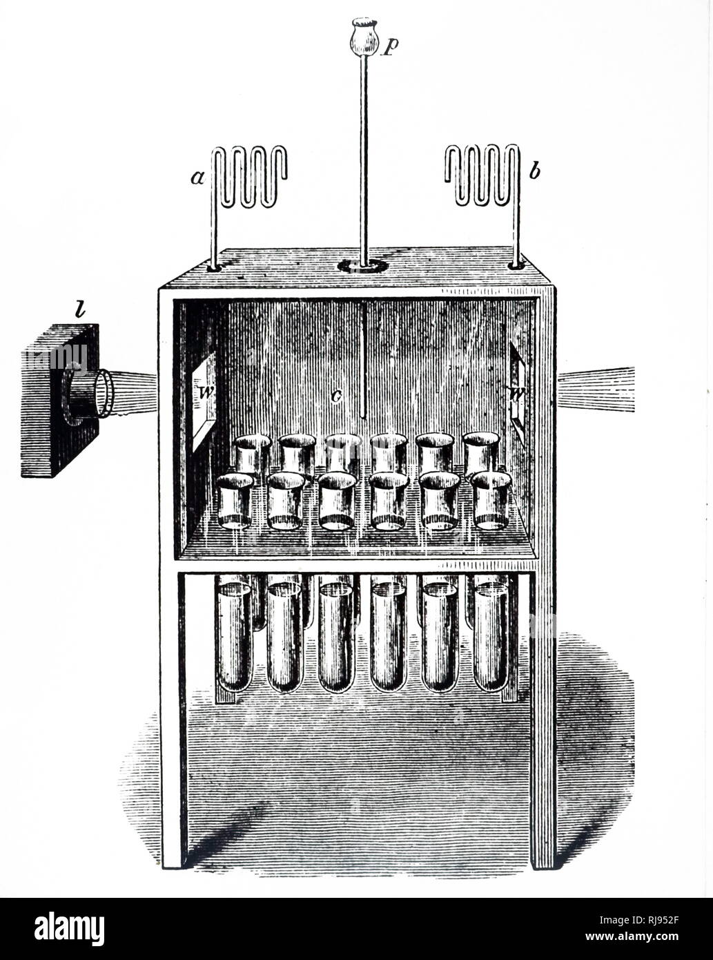 Eine Gravur, John Tyndall's Apparatur die Fäulnis in verschiedenen Flüssigkeiten zu studieren. John Tyndall (1820-1893) eine Irische geborene Physiker. Vom 19. Jahrhundert Stockfoto