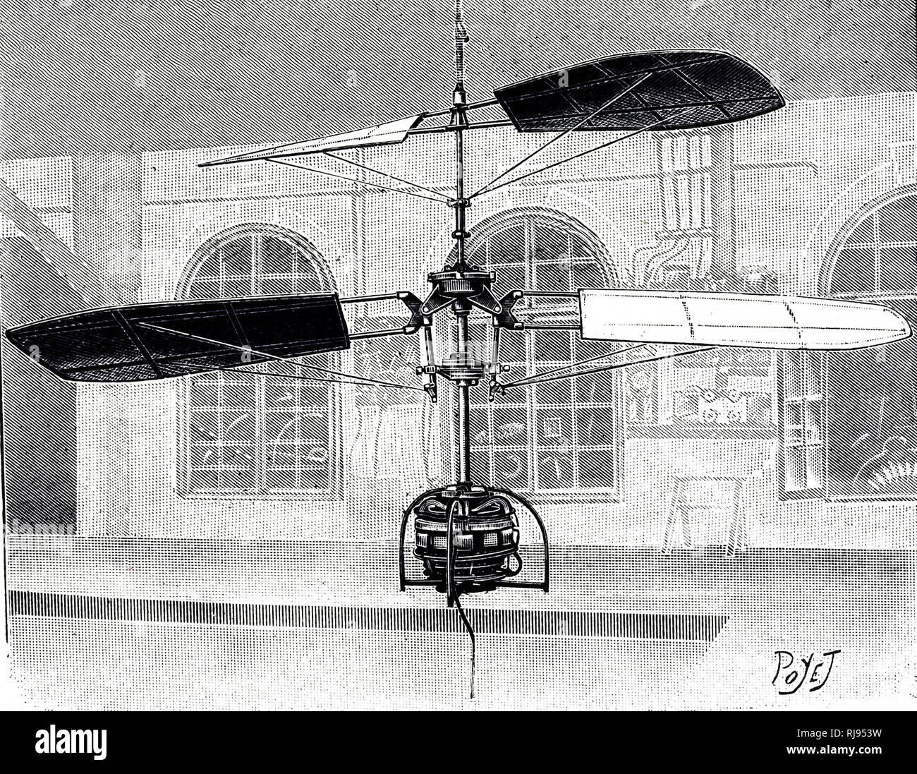 Eine Gravur mit einem elektrisch angetriebenen Hubschrauber. Vom 20. Jahrhundert Stockfoto