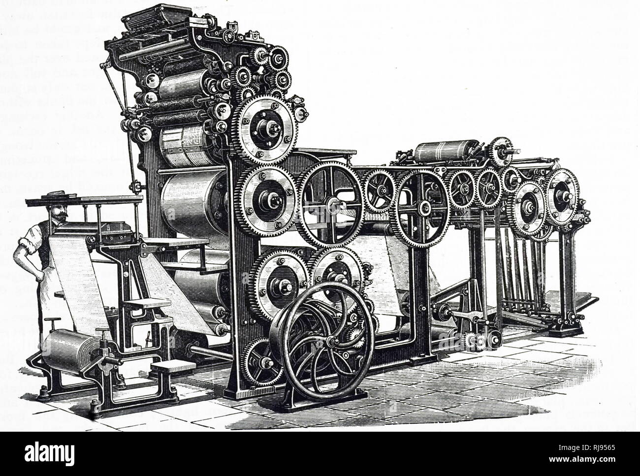 Eine Gravur, die rotationspresse des Marioni, für illustrierte Werk installiert. Diese Maschine konnte 7.000 Exemplare pro Stunde drehen Sie mit harten Verpackung von trockenes Papier. Vom 19. Jahrhundert Stockfoto