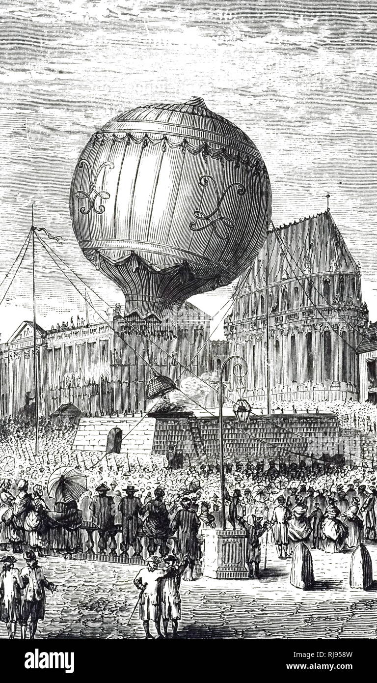 Kupferstich mit der Darstellung der Montgolfier Ballon seinen Aufstieg im Chateau de la Muette. Erfunden von Joseph-Michel Montgolfier (1740-1810) und Jacques-Etienne Montgolfier (1745-1799). Vom 19. Jahrhundert Stockfoto