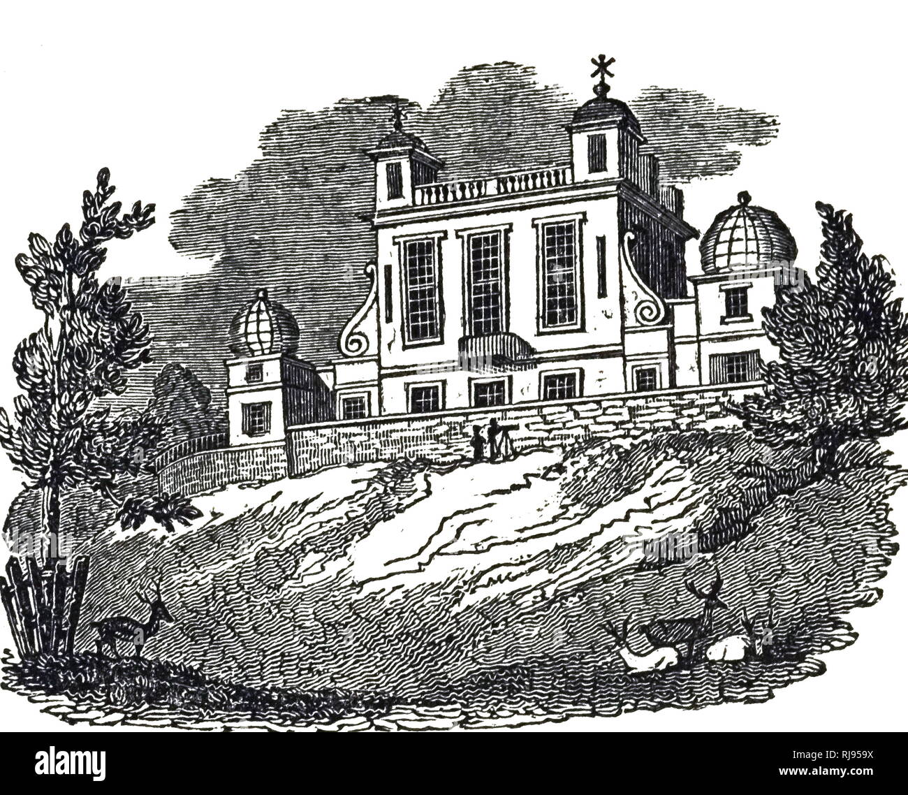 Eine Gravur mit einer Ansicht von Flamsteed House, das ursprüngliche Teil das Royal Observatory, Greenwich Park. Von Sir Christopher Wren (1632-1723) ein englischer Anatom, Astronom, Geometer, Mathematiker, Physiker und Architekten. Vom 19. Jahrhundert Stockfoto