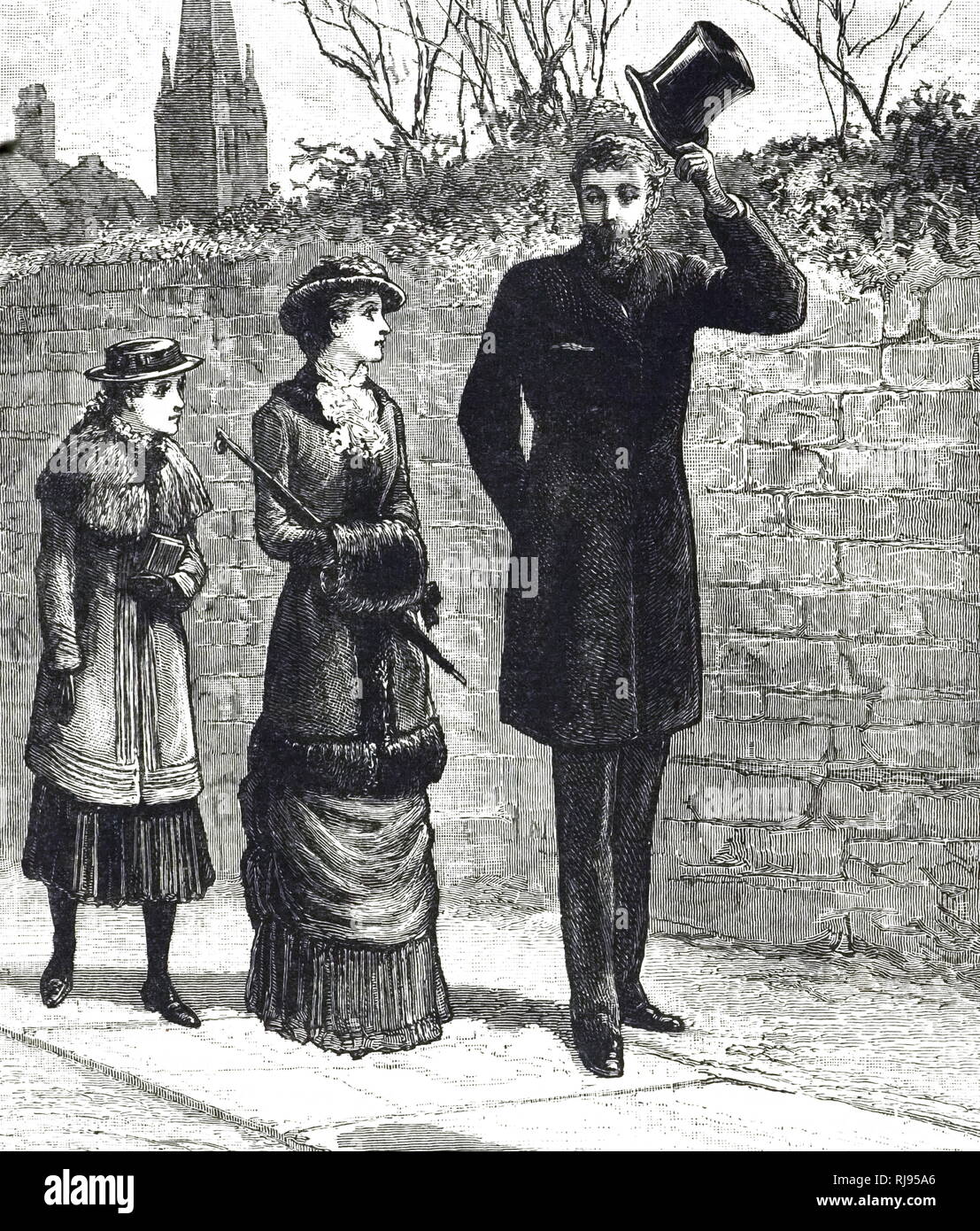 Ein kupferstich mit der Darstellung eines Gentleman hob seinen Hut zwei Damen auf der Straße zu grüßen. Vom 19. Jahrhundert Stockfoto