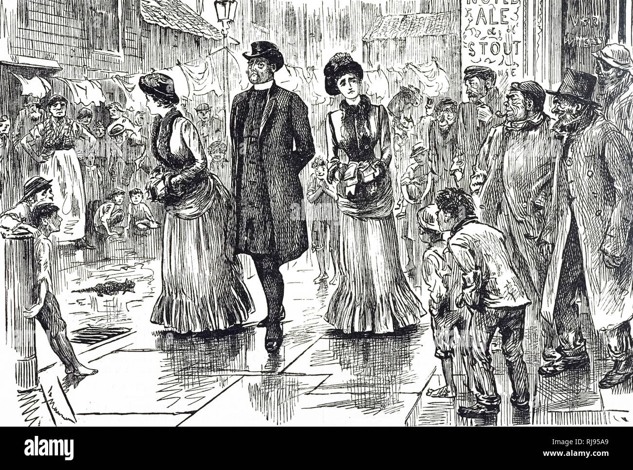 Ein Cartoon mit zwei wohlhabende Frauen Untersuchung der Lebensbedingungen der weniger Aufträge. Mit Ill. von George Du Maurier (1834-1896) eine französisch-britische Zeichner und Autor. Vom 19. Jahrhundert Stockfoto