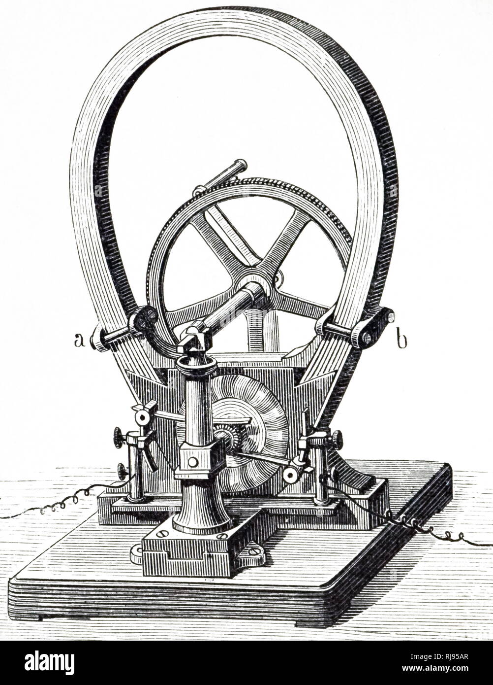 Eine Gravur mit kleinen Hand Zenobe Gram's Dynamo für die Arbeit im Labor. Der Rotor gedreht zwischen den Polen eines ständigen Stahl Magnet. Zenobe Gramm (1826-1901) ein belgischer Elektroingenieur. Vom 19. Jahrhundert Stockfoto Eine Gravur mit kleinen Hand Zenobe Gram's Dynamo für die Arbeit im Labor. Der Rotor gedreht zwischen den Polen eines ständigen Stahl Magnet. Zenobe Gramm (1826-1901) ein belgischer Elektroingenieur. Vom 19. Jahrhundert Stockfoto